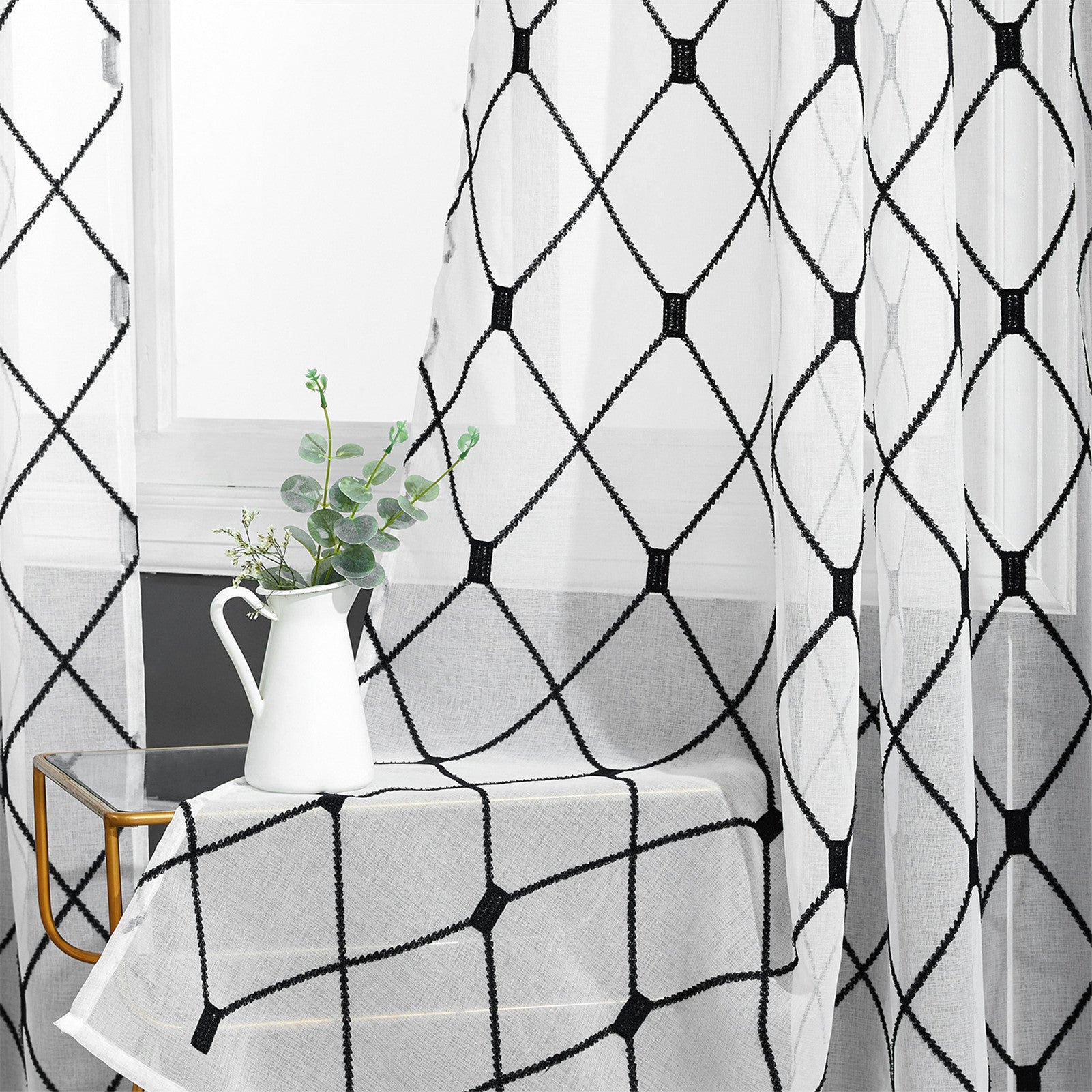 Modern Sheer Valances Embroidered White Black Kitchen Curtains
