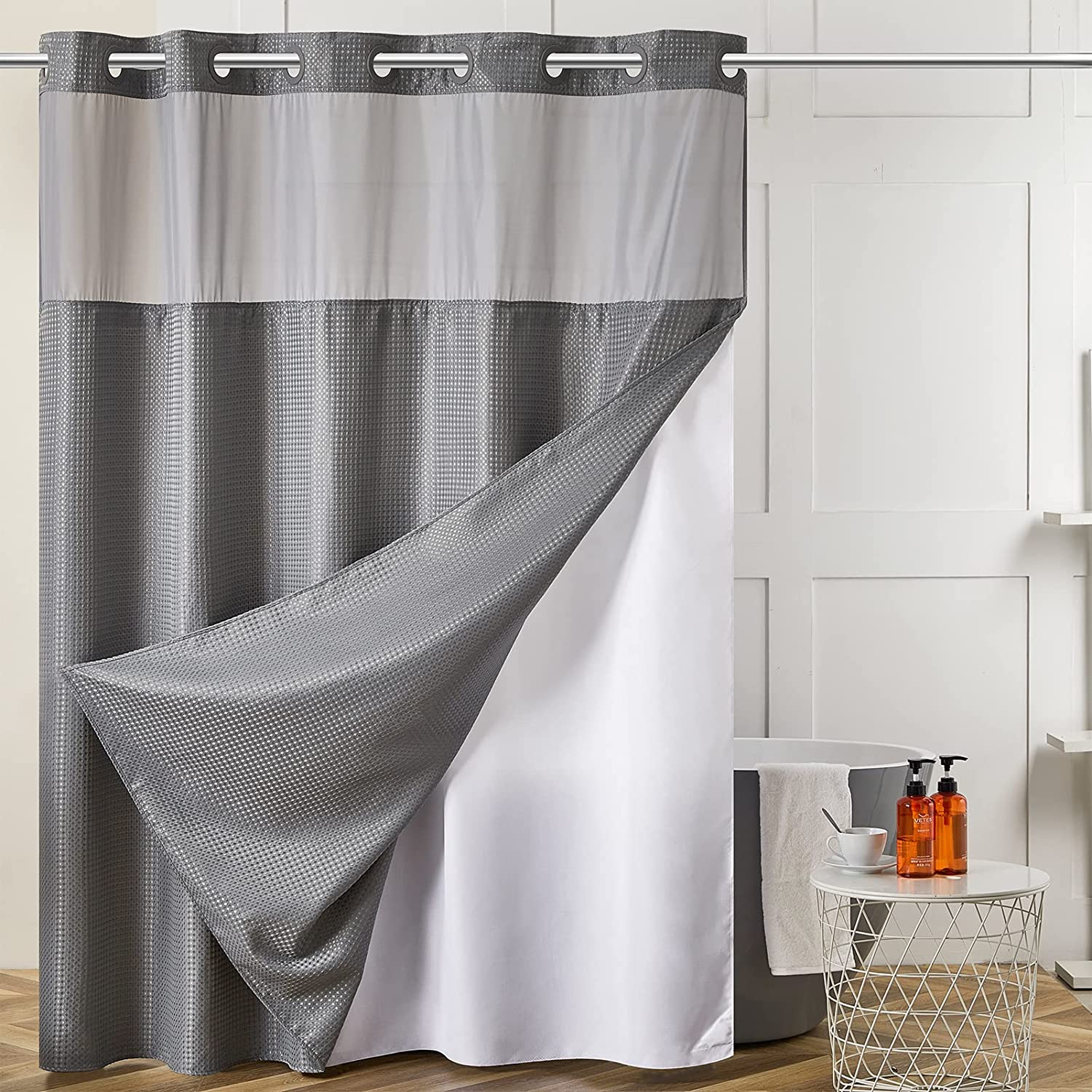 Shower Curtain Set with Snap-in Liner, No Hooks Needed