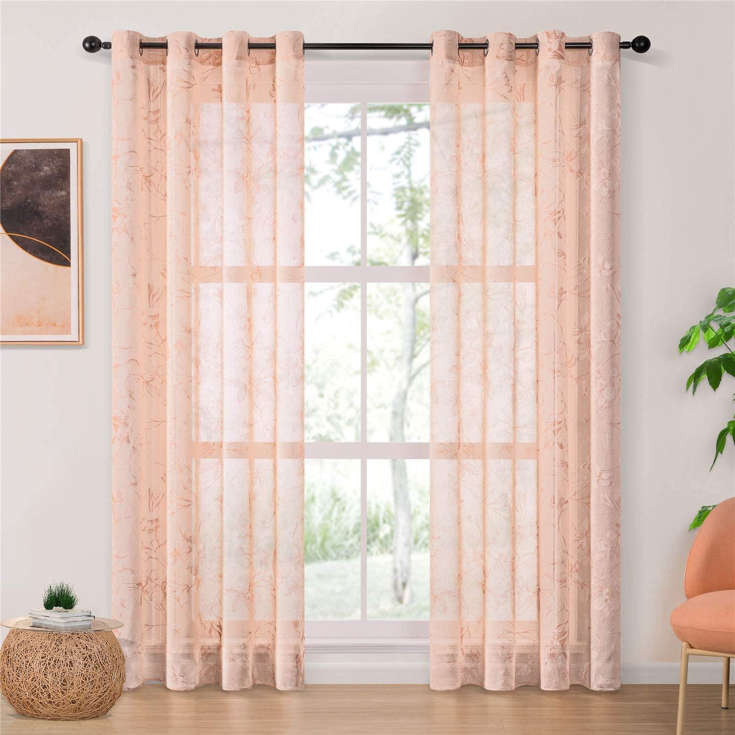 Topfinel panels Linen Textured Sheer Floral Curtains for Bedroom - Topfinel