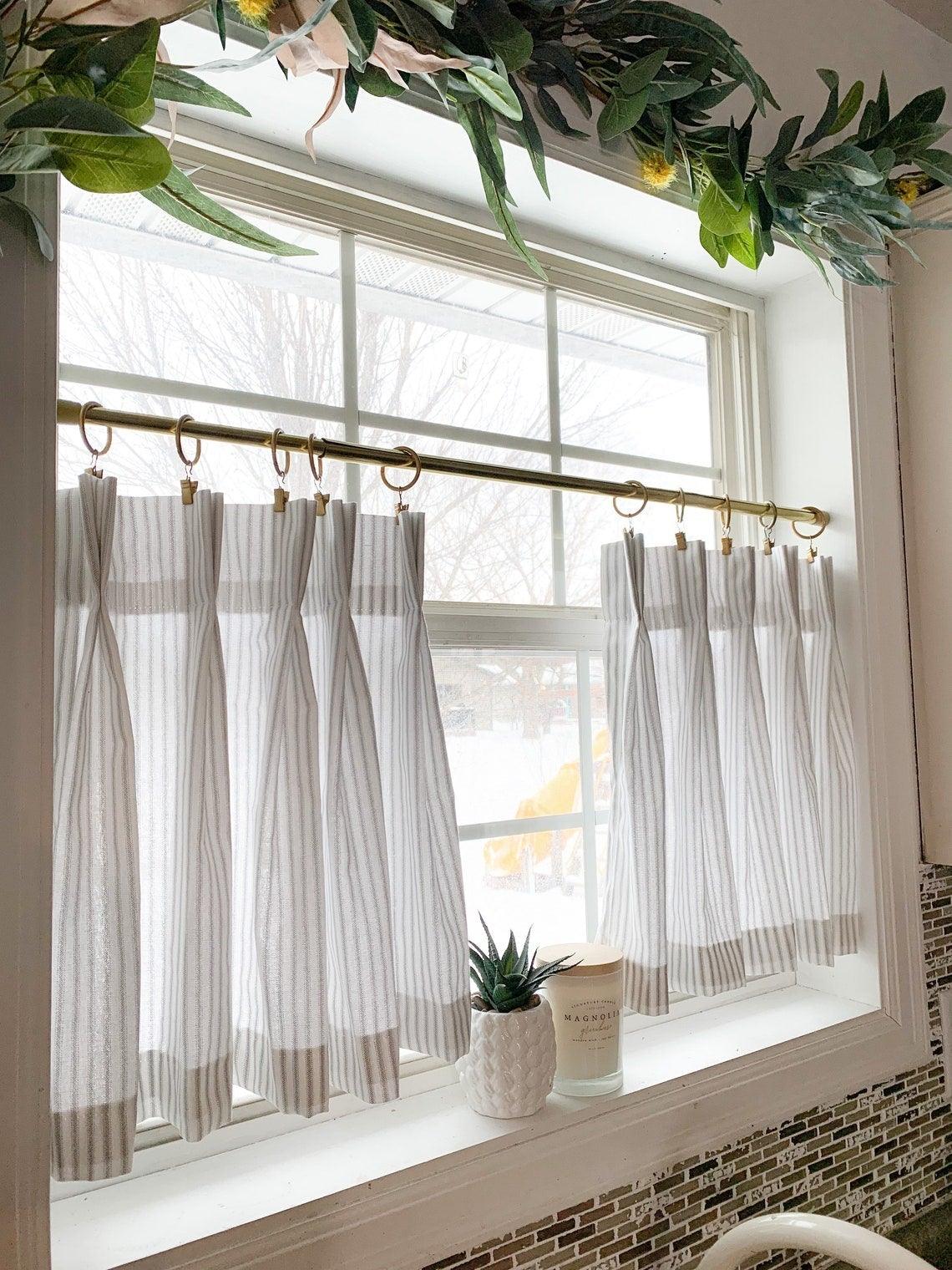 Topfinel Pleated Ticking Striped Valances Curtains Faux Linen Semi Sheer Kitchen curtains - Topfinel