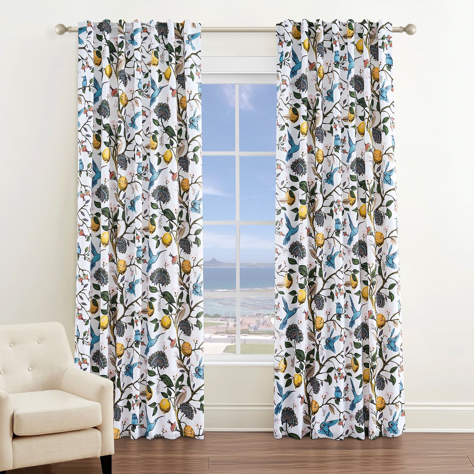 Topfinel Hummingbird Patterned Room Darkening Curtain,Rod Pocket Back Tab Floral Drapes,Set of 2