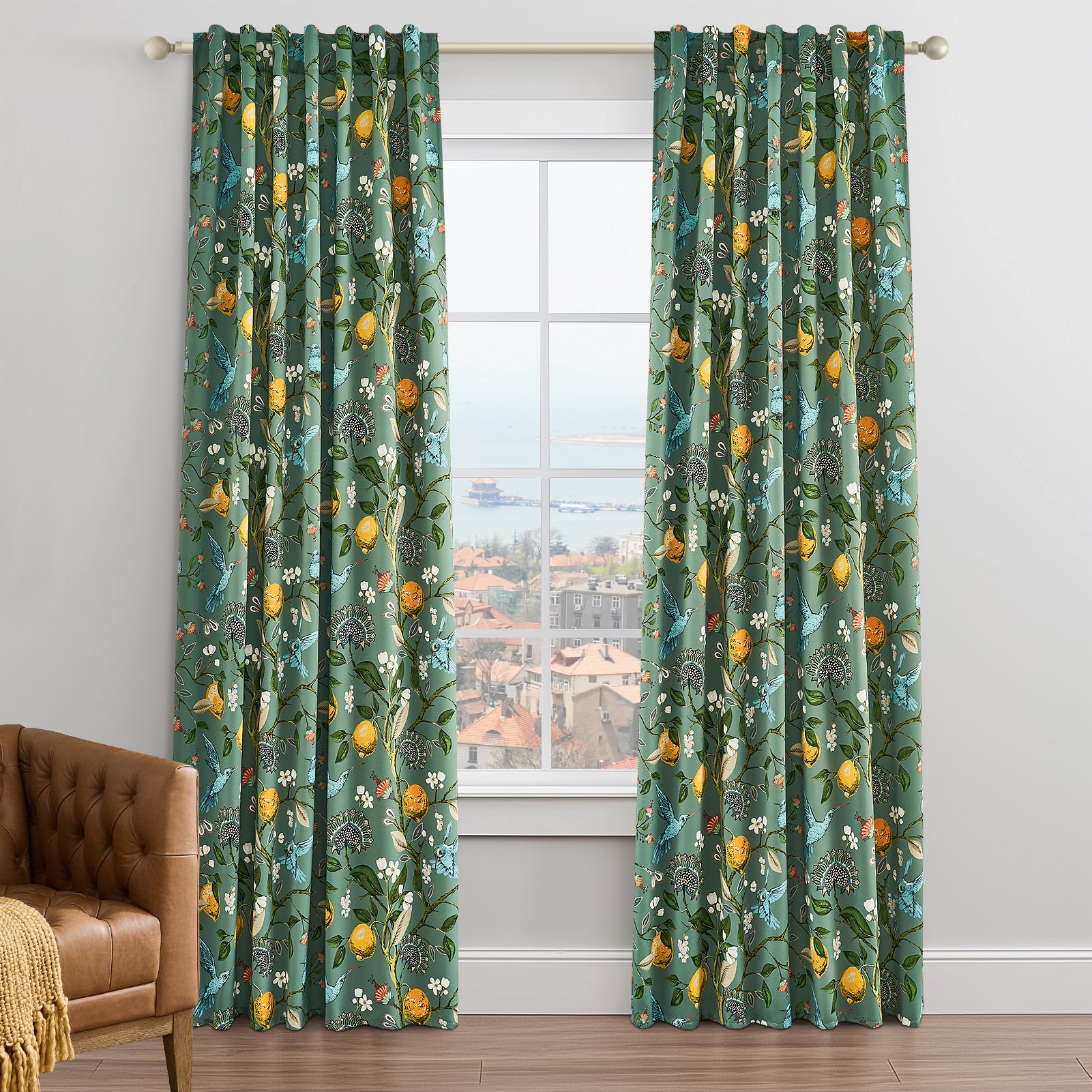 Topfinel Hummingbird Patterned Room Darkening Curtain,Rod Pocket Back Tab Floral Drapes,Set of 2