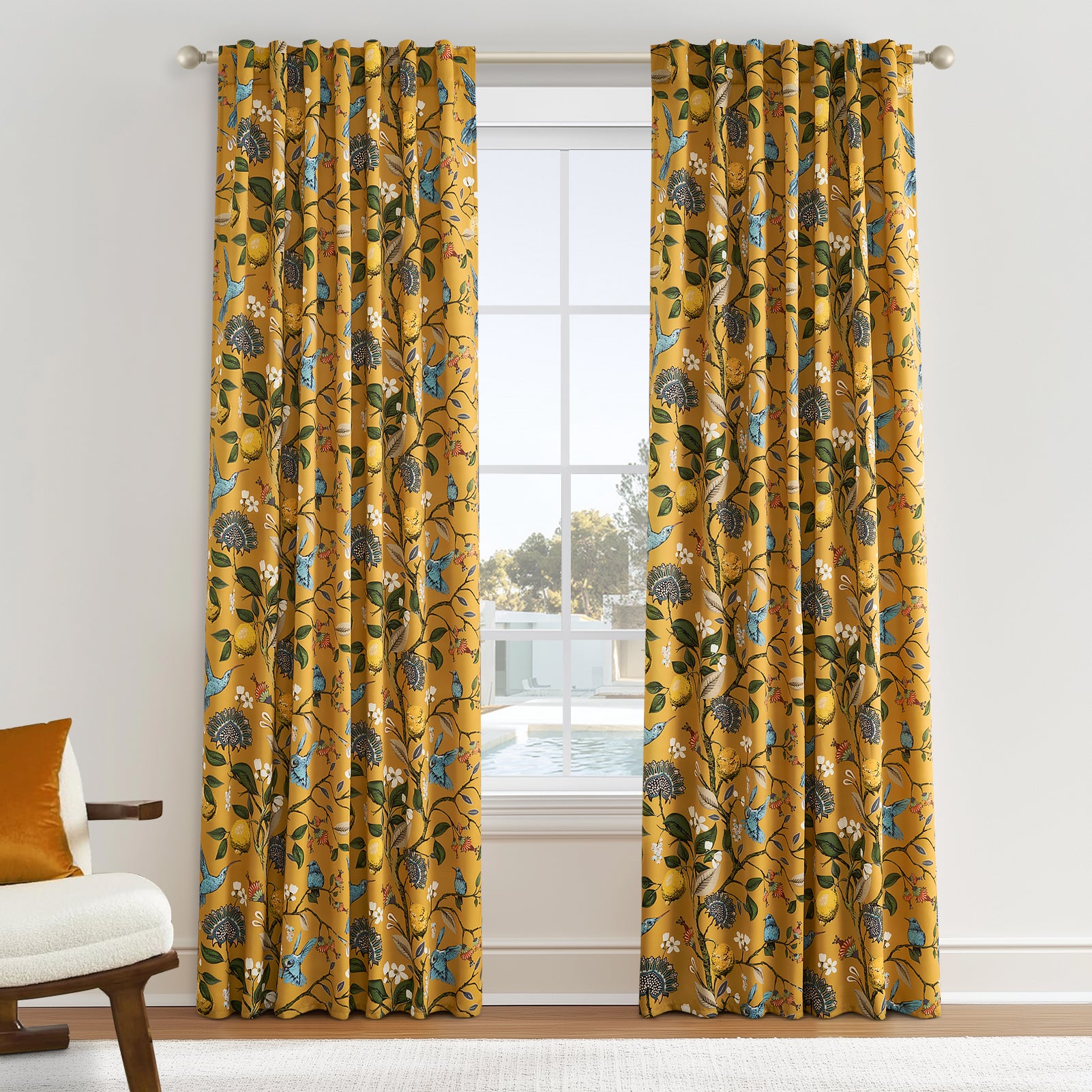Topfinel Hummingbird Patterned Room Darkening Curtain,Rod Pocket Back Tab Floral Drapes,Set of 2