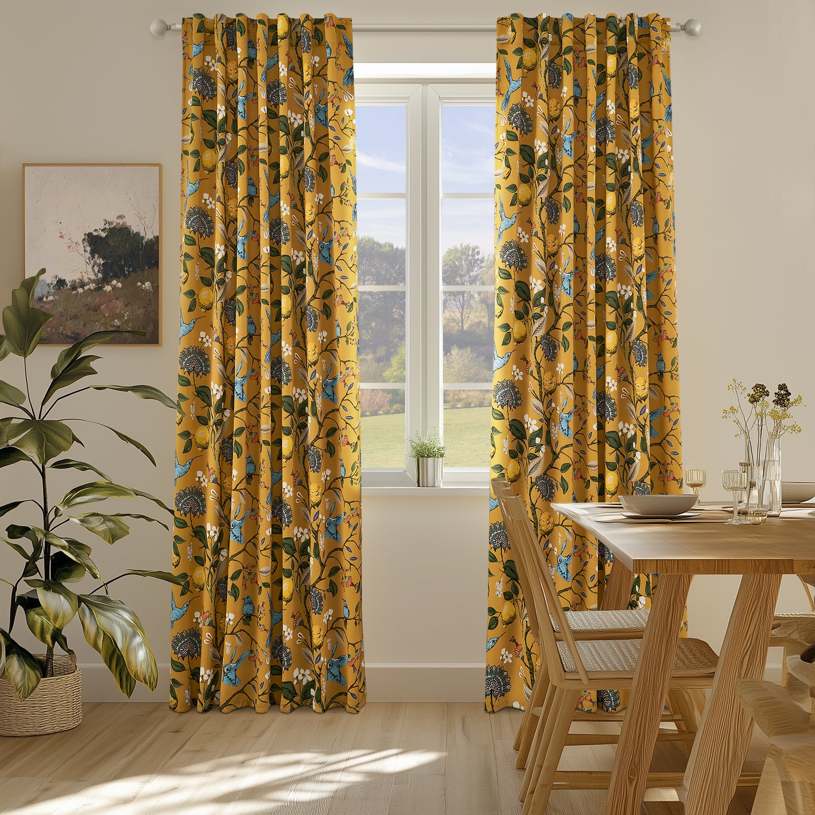 Topfinel Hummingbird Patterned Room Darkening Curtain,Rod Pocket Back Tab Floral Drapes,Set of 2