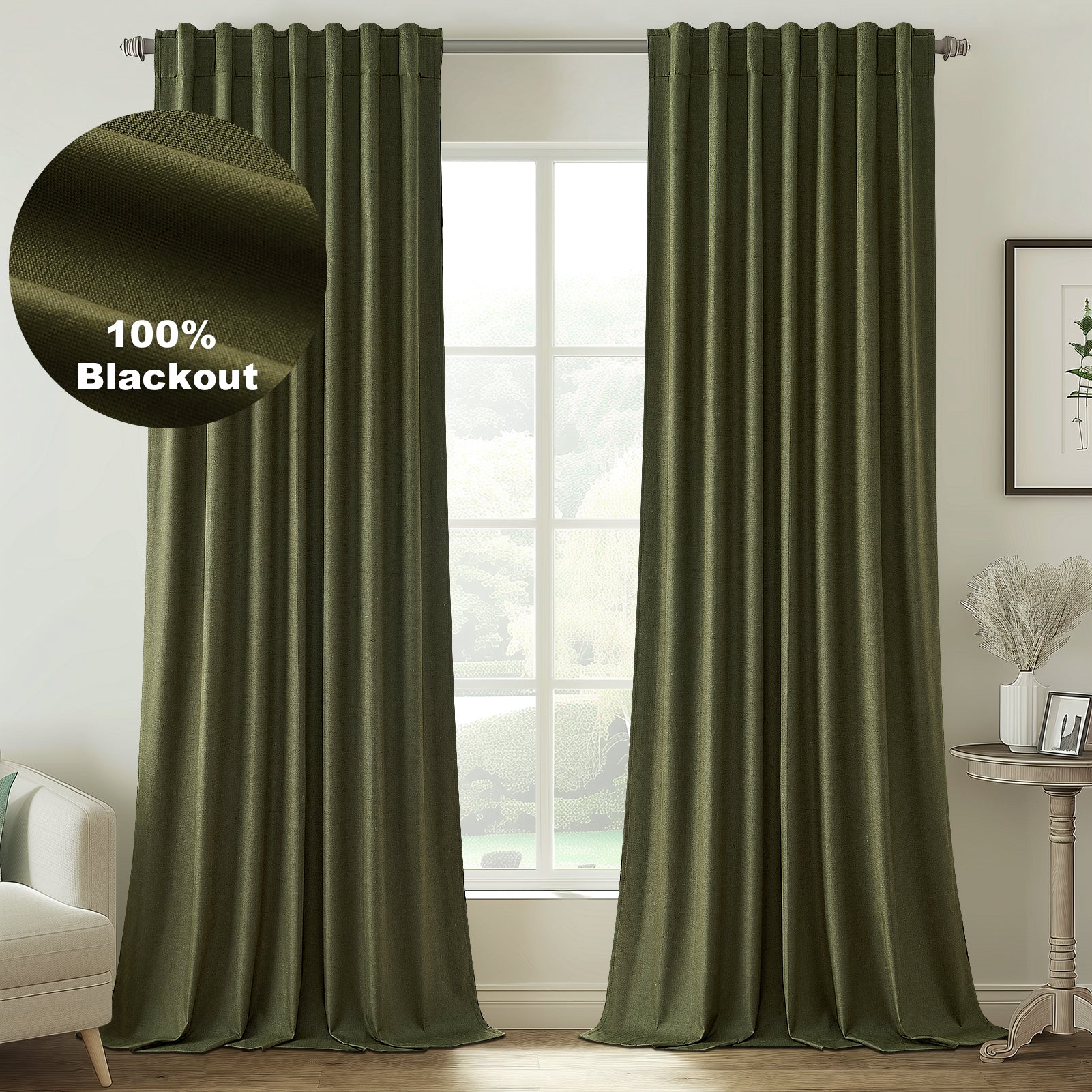 Topfinel 100% Blackout Thermal Insulated Linen Drapes,Back Tab Hooks Drapes Set of 2 With Hooks