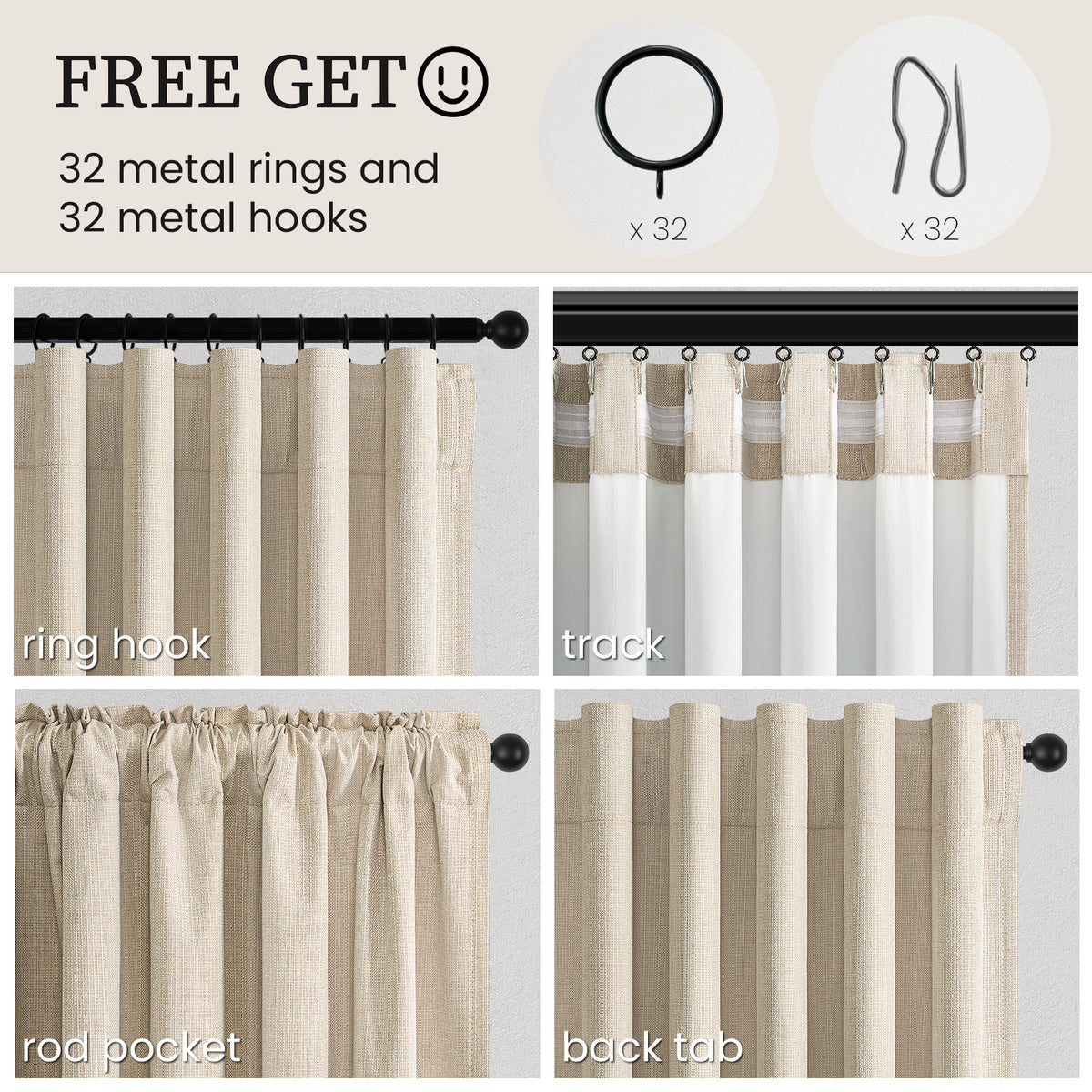 100% Blackout Linen Curtains for Living Room 90 Inch long Cream Beige