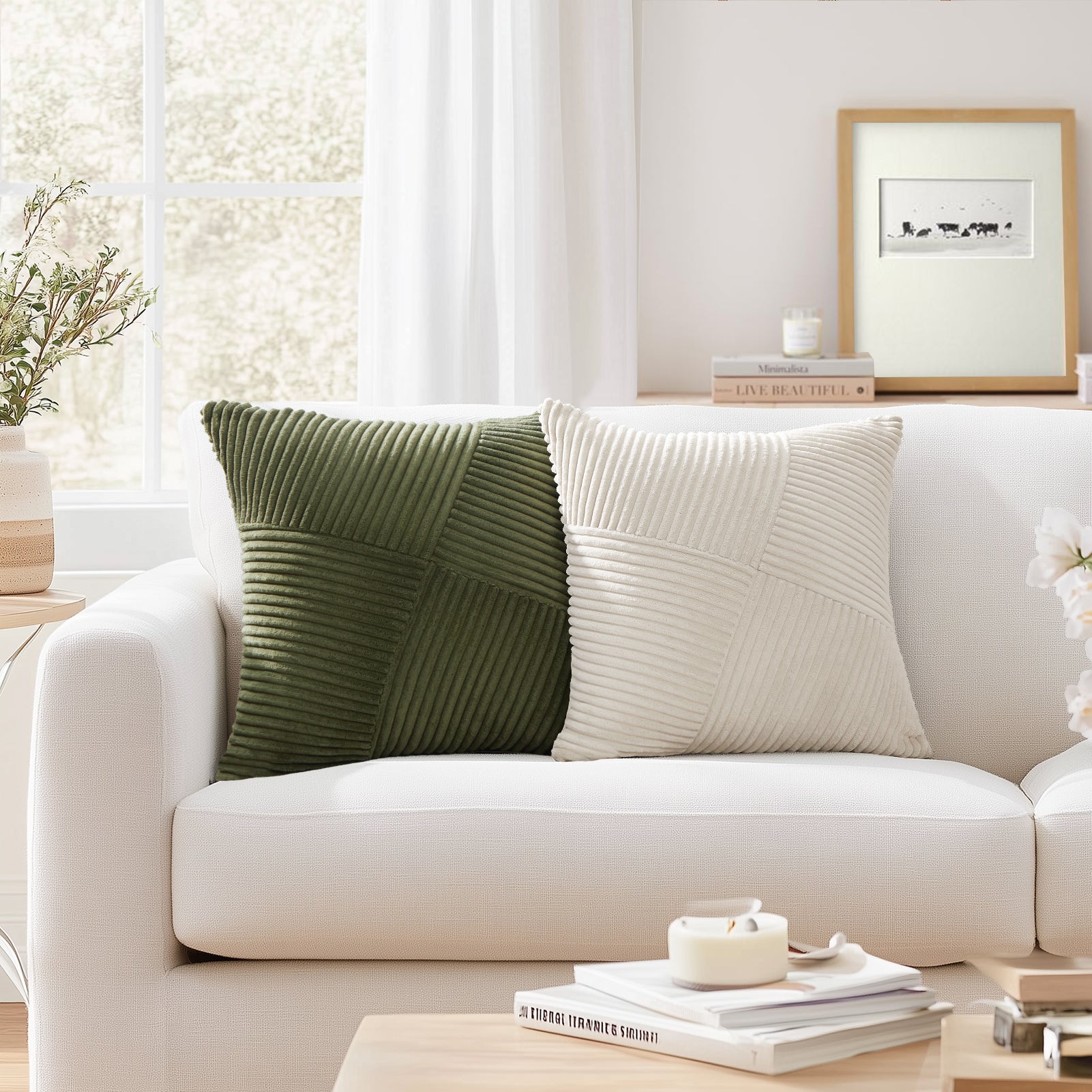 Soft Corduroy Couch Decorative Pillow Covers Windmill Textured Striped Cushion Cover,Set of 2