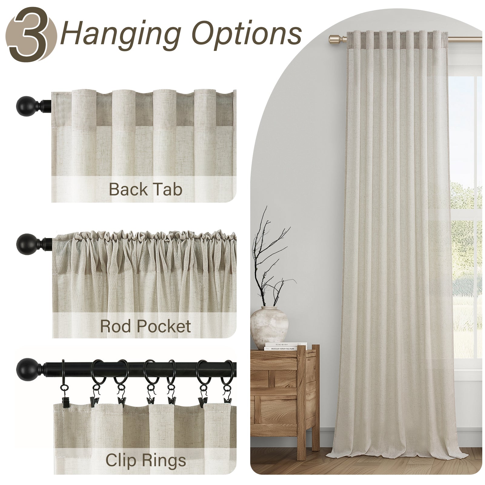 Topfinel Linen Curtain Rod Pocket Back Tab,Linen Semi Sheer Curtains for Bedroom 2 Panels