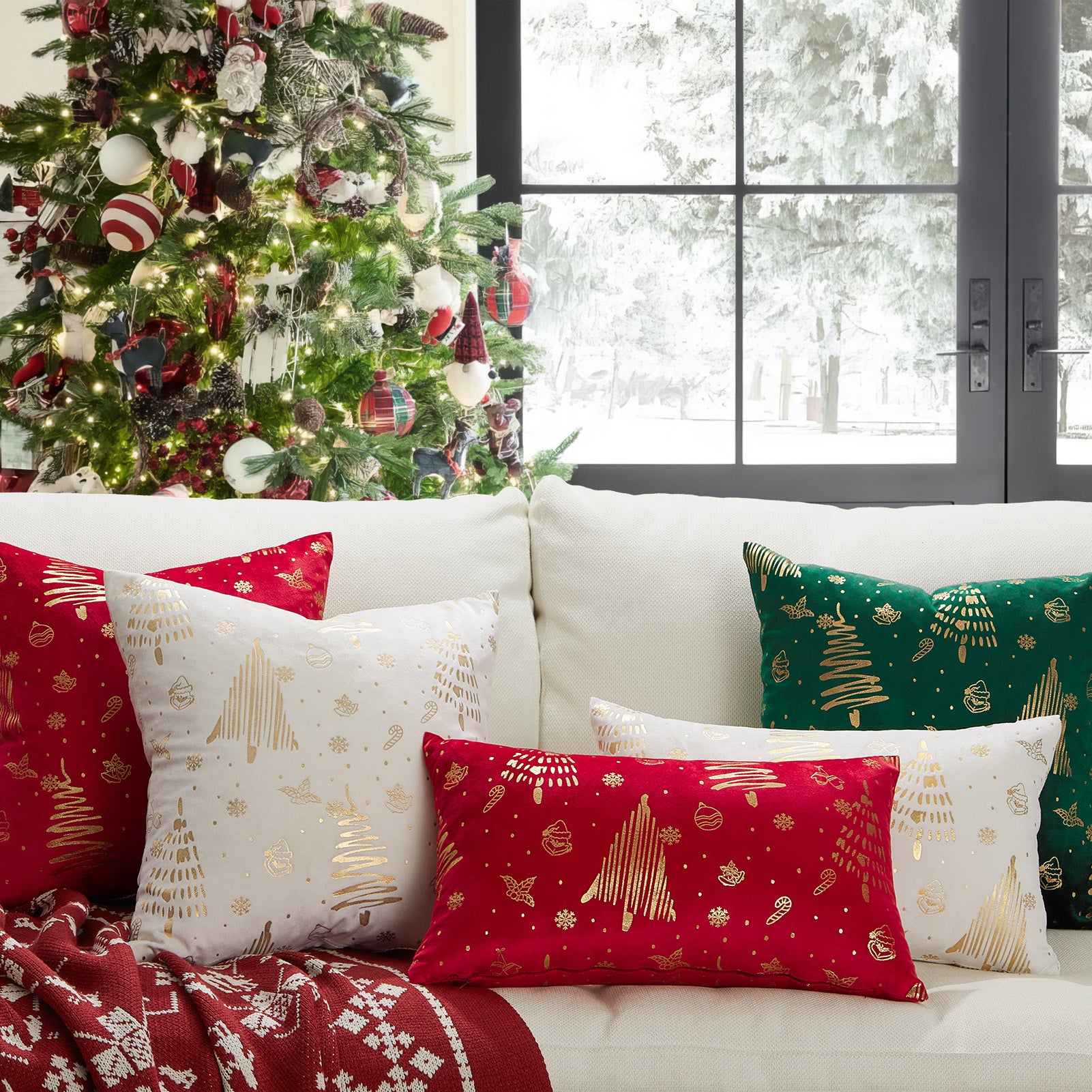 Christmas Velvet Pillow Covers Set of 2, Xmas Tree Gold Brozing Cushion Cases,Winter Holiday Home Decoration