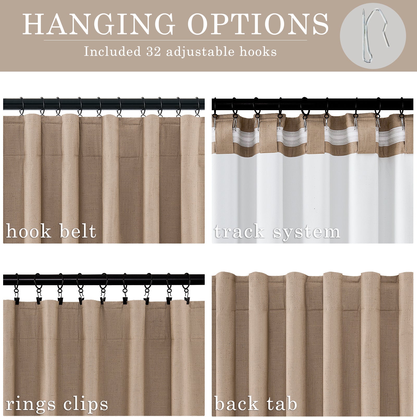 Topfinel 100% Blackout Thermal Insulated Linen Drapes,Back Tab Hooks Drapes Set of 2 With Hooks