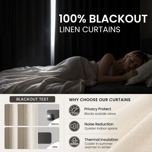 100% Blackout Linen Curtains for Living Room 90 Inch long Cream Beige