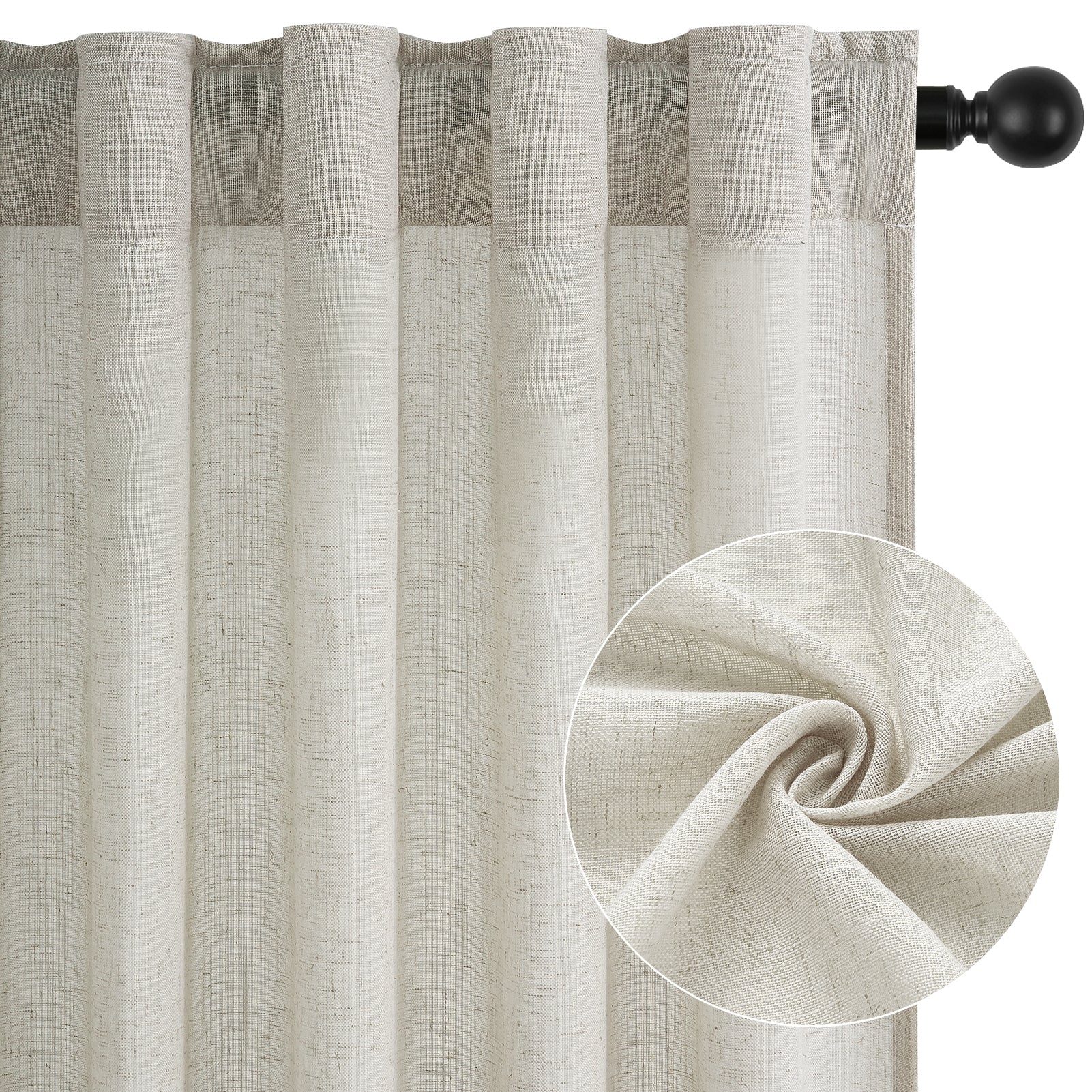 Topfinel Linen Curtain Rod Pocket Back Tab,Linen Semi Sheer Curtains for Bedroom 2 Panels