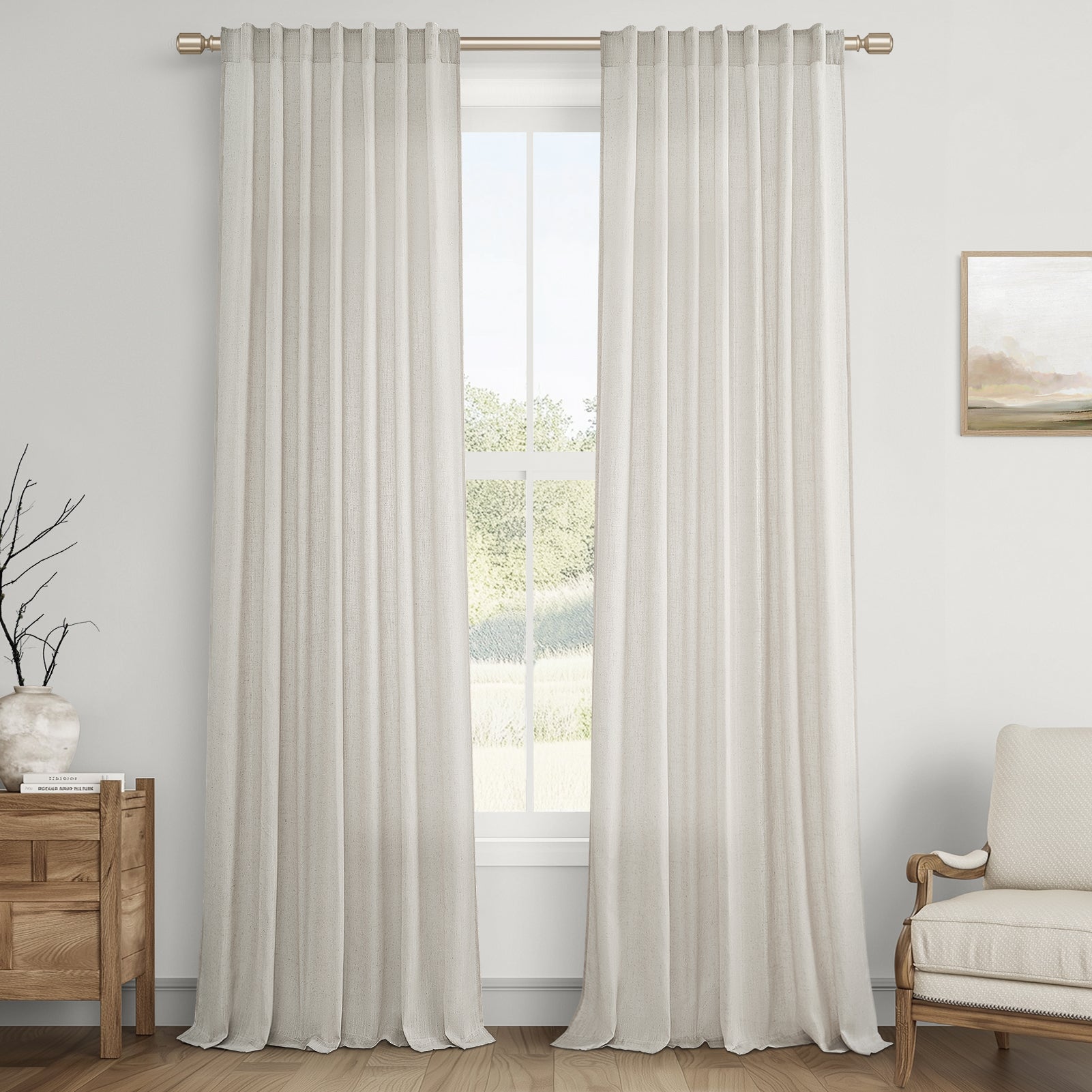 Topfinel Linen Curtain Rod Pocket Back Tab,Linen Semi Sheer Curtains for Bedroom 2 Panels