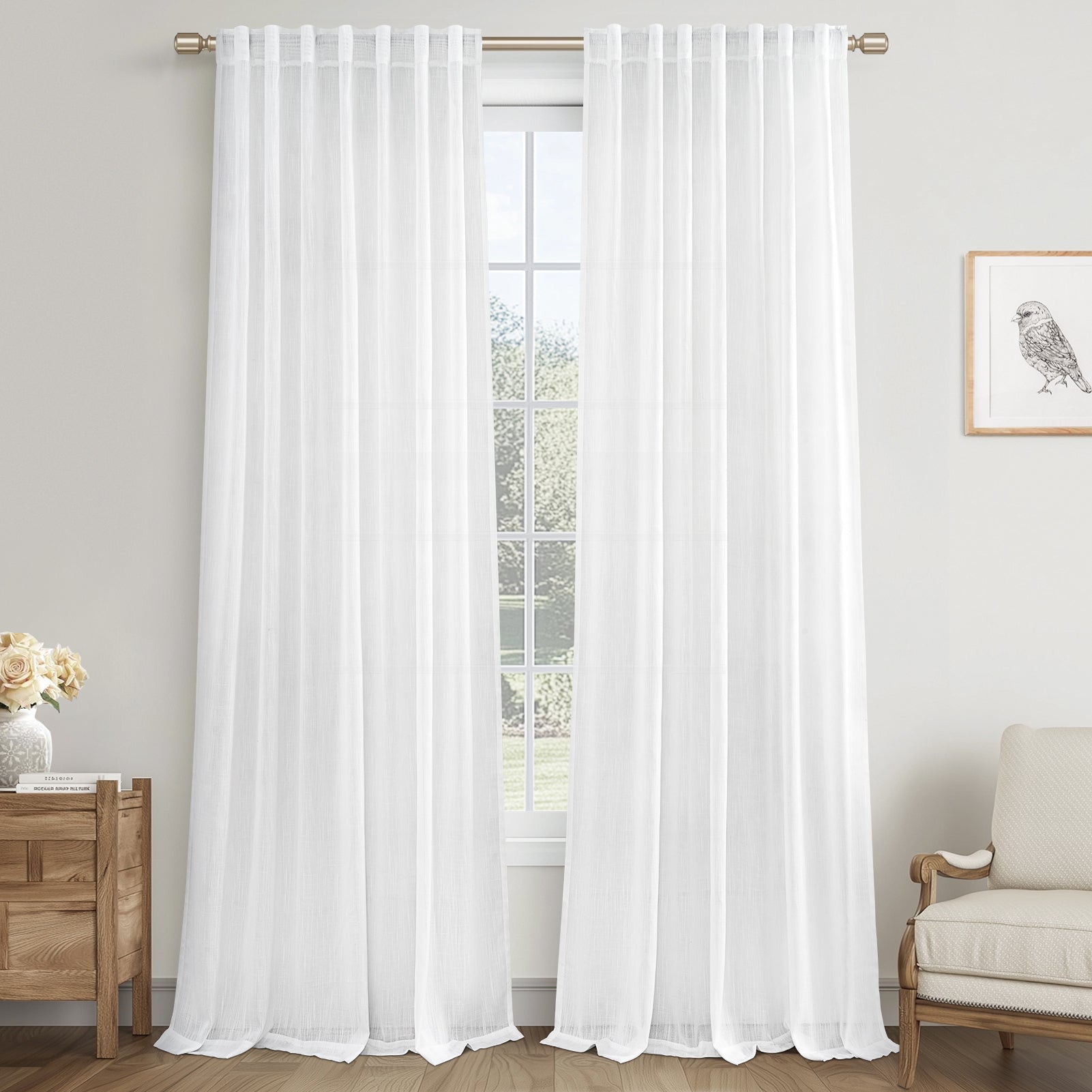 Topfinel Linen Curtain Rod Pocket Back Tab,Linen Semi Sheer Curtains for Bedroom 2 Panels