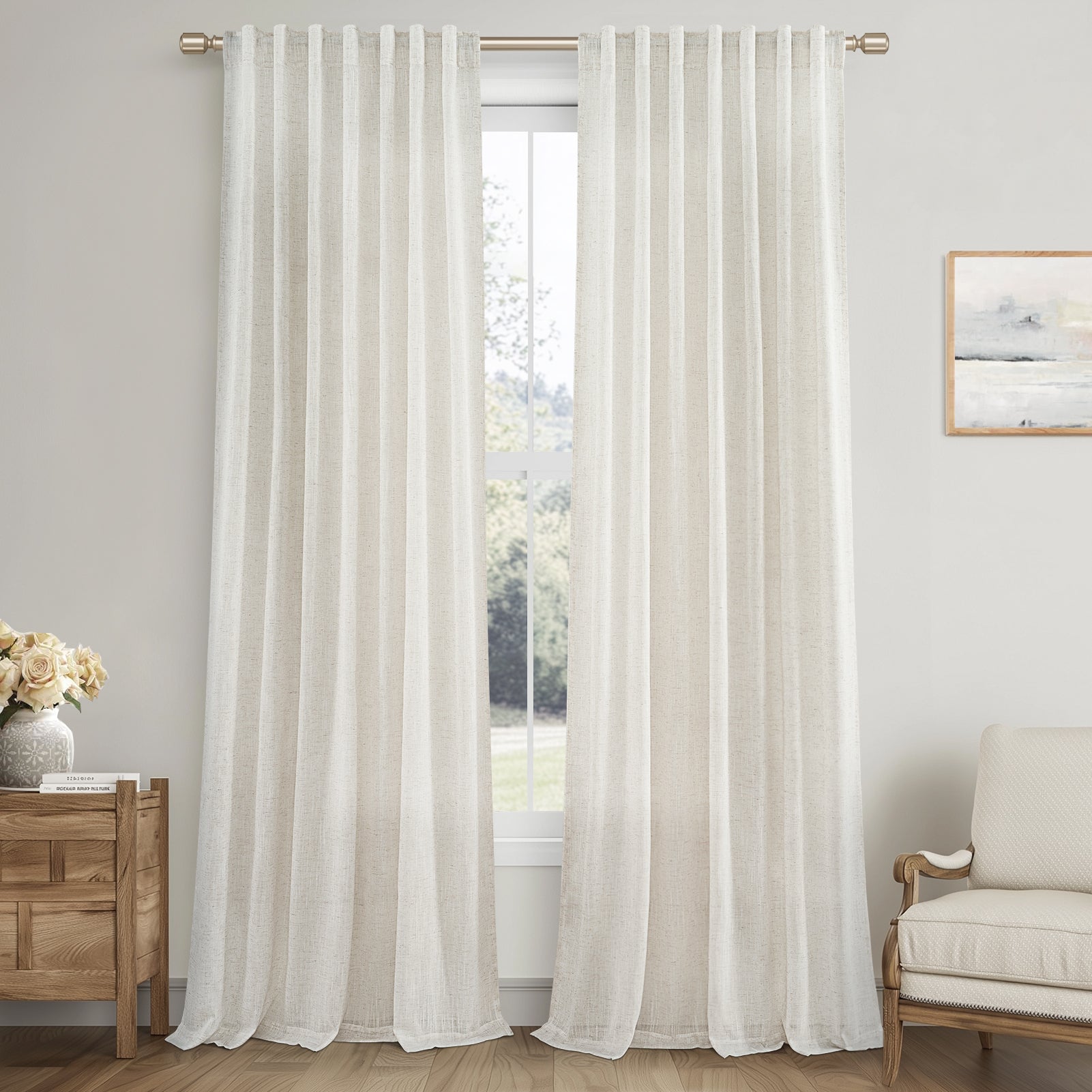 Topfinel Linen Curtain Rod Pocket Back Tab,Linen Semi Sheer Curtains for Bedroom 2 Panels