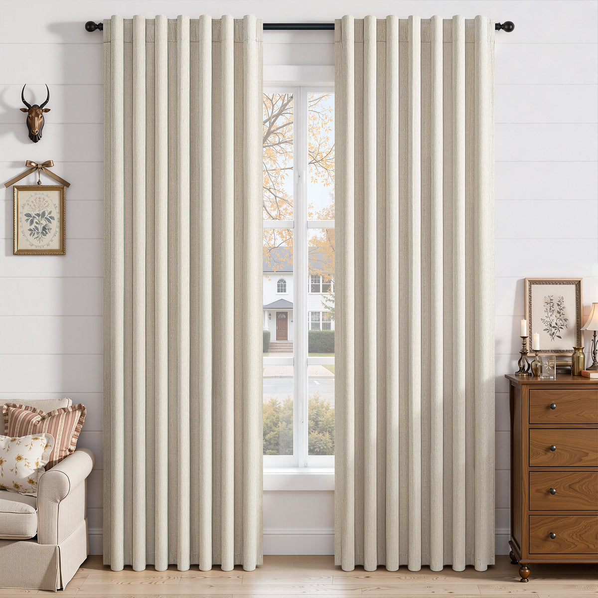100% Blackout Linen Curtains for Living Room 90 Inch long Cream Beige