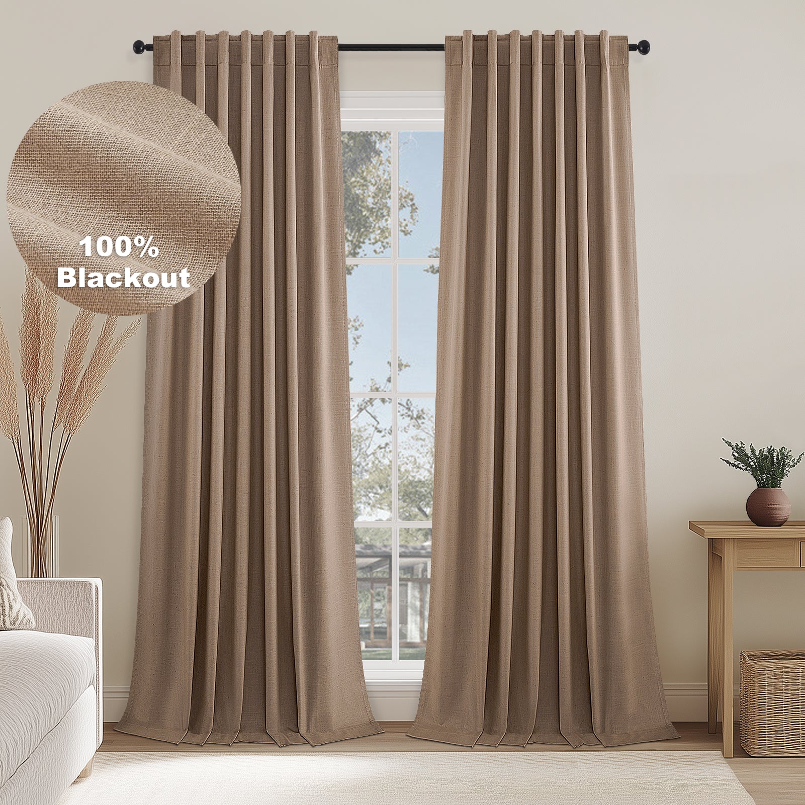 Topfinel 100% Blackout Thermal Insulated Linen Drapes,Back Tab Hooks Drapes Set of 2 With Hooks