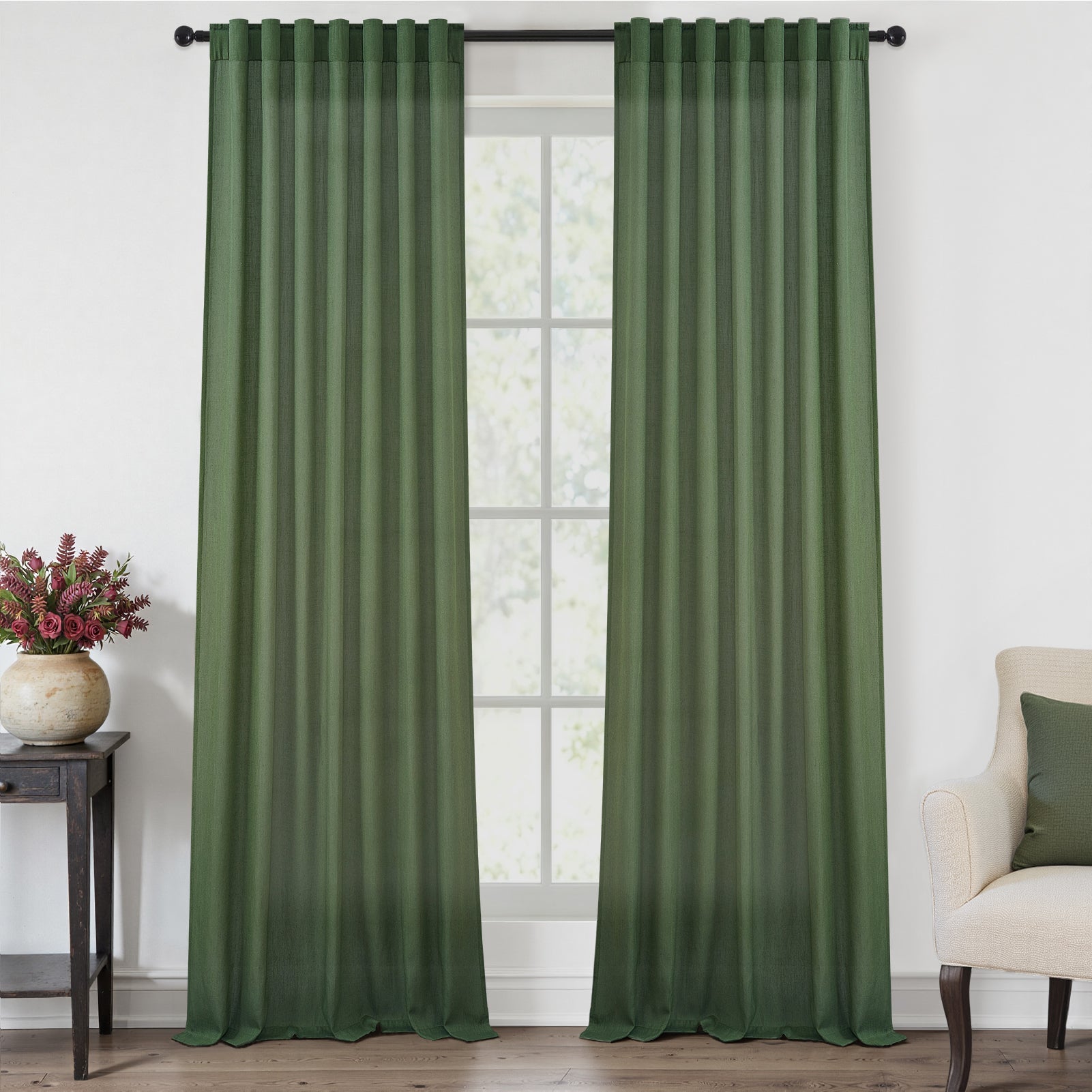 Topfinel Linen Curtain Rod Pocket Back Tab,Linen Semi Sheer Curtains for Bedroom 2 Panels