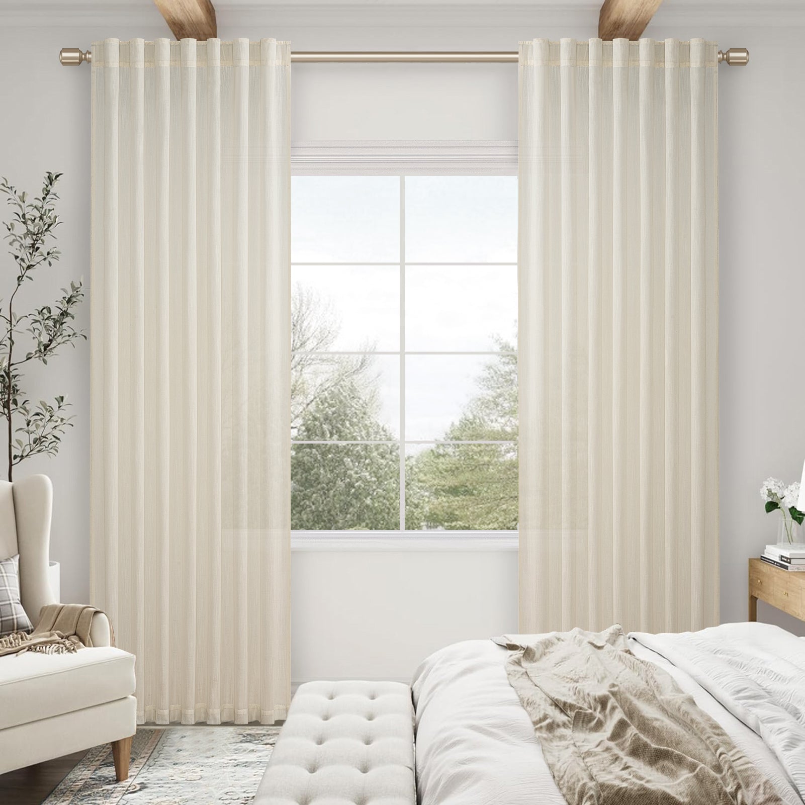 Topfinel Linen Curtain Rod Pocket Back Tab,Linen Semi Sheer Curtains for Bedroom 2 Panels