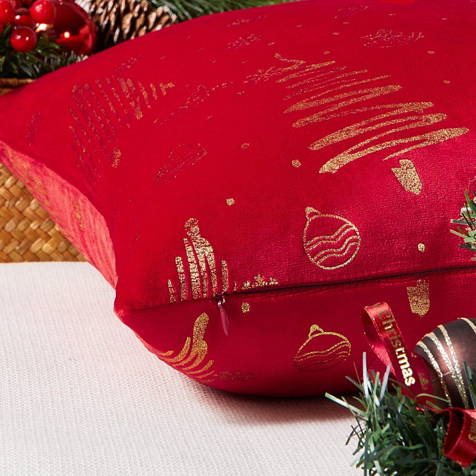 Christmas Velvet Pillow Covers Set of 2, Xmas Tree Gold Brozing Cushion Cases,Winter Holiday Home Decoration