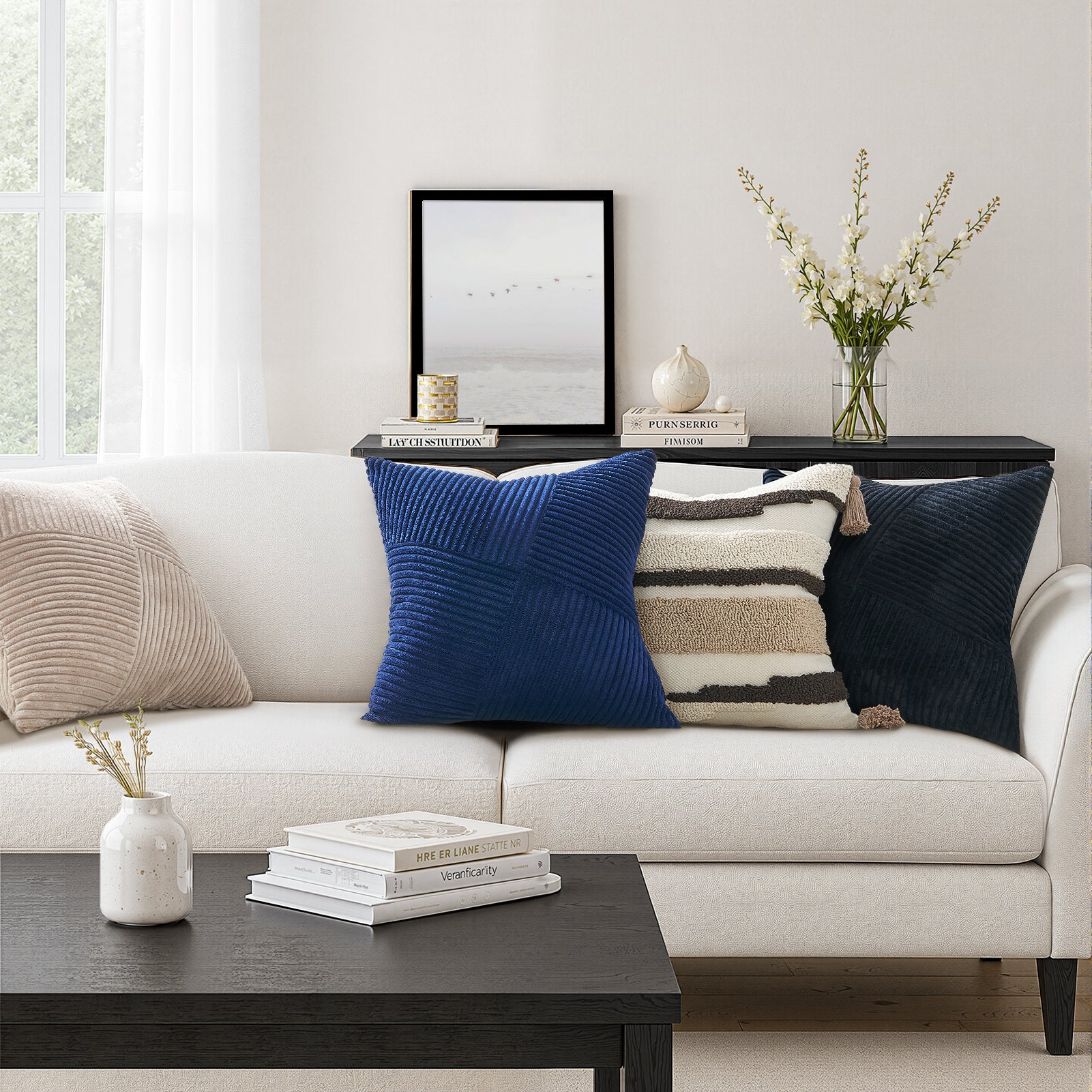 Soft Corduroy Couch Decorative Pillow Covers Windmill Textured Striped Cushion Cover,Set of 2