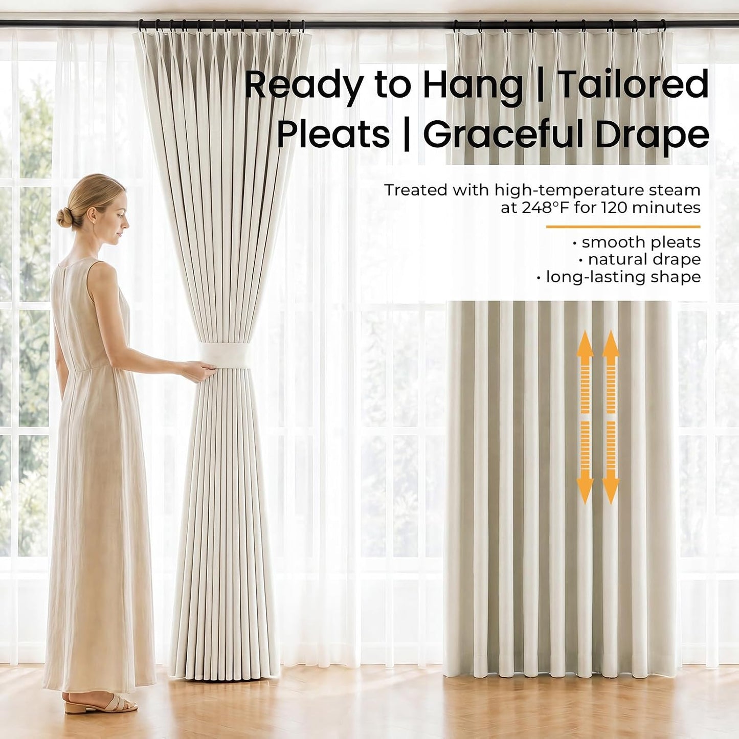 Neutral Linen-Textured Pinch Pleat Blackout Curtains, 2 Panels
