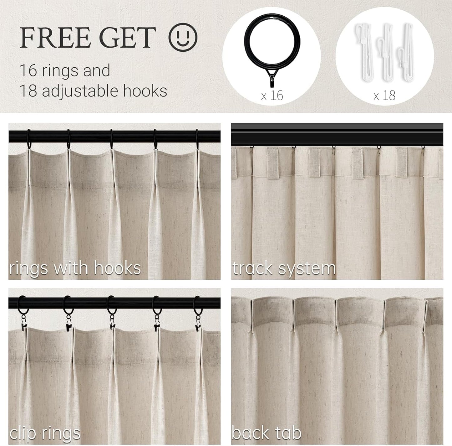 Natural Linen Light Filtering Pinch Pleat Curtain, 2 Panels