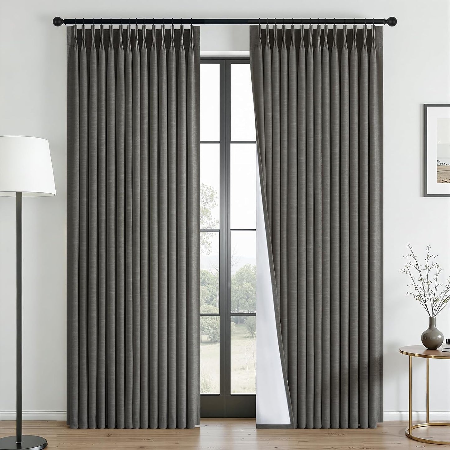 Neutral Linen-Textured Pinch Pleat Blackout Curtains, 2 Panels