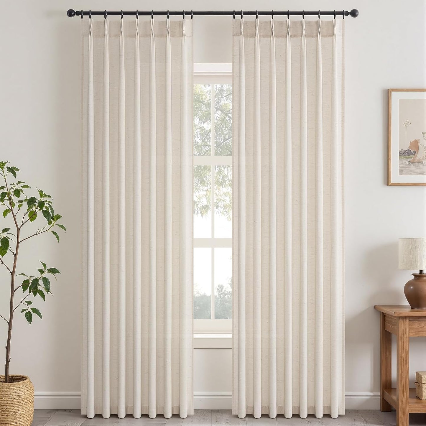 Wide Neutral Linen Light Filtering Pinch Pleat Curtains, 1 Panel