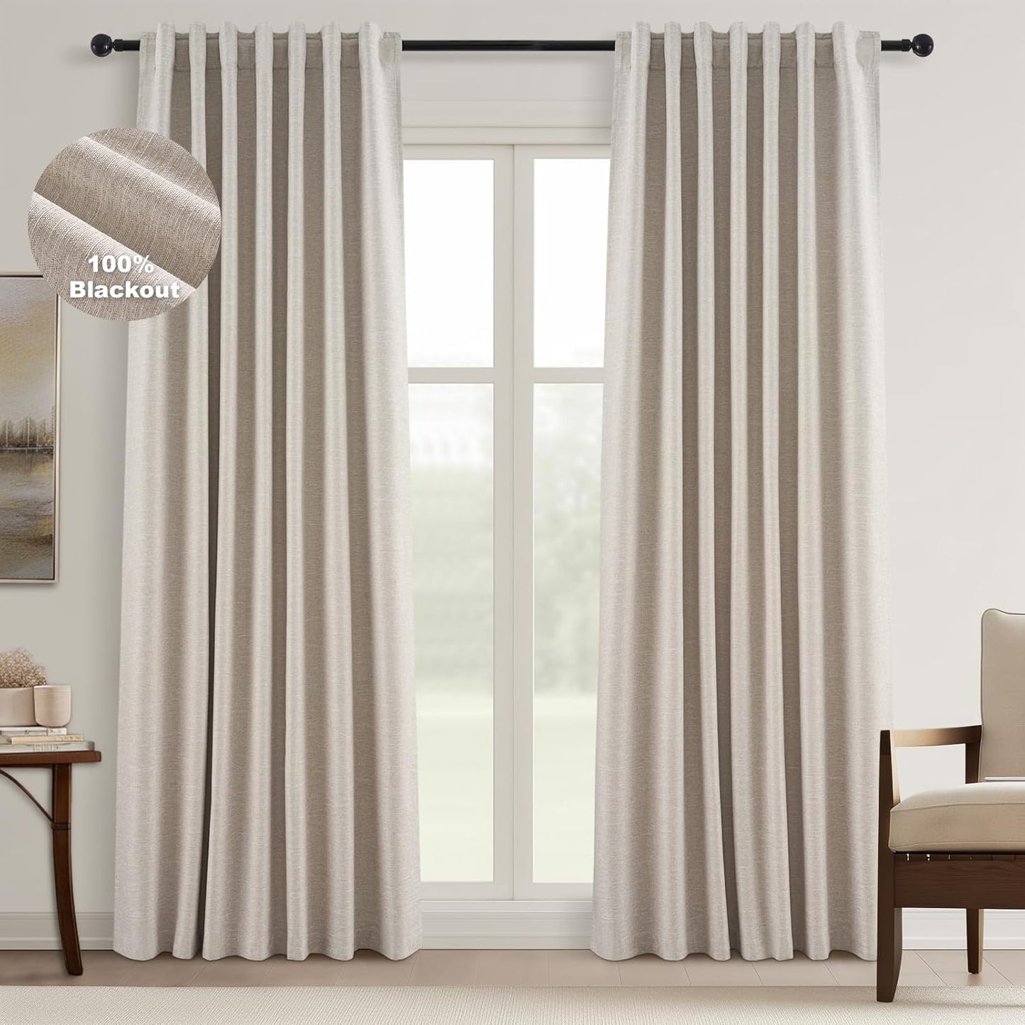 Neutral Linen Blend Blackout Curtains, 2 Panels