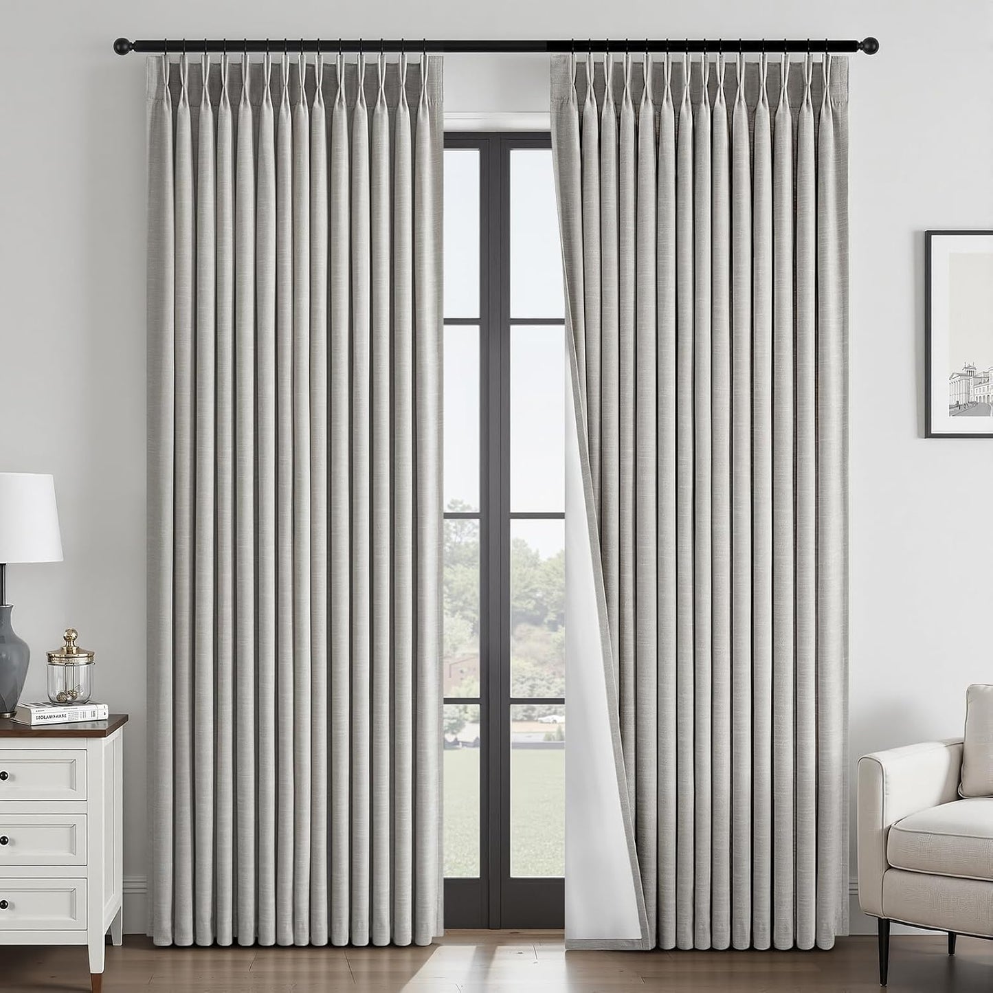 Neutral Linen-Textured Pinch Pleat Blackout Curtains, 2 Panels