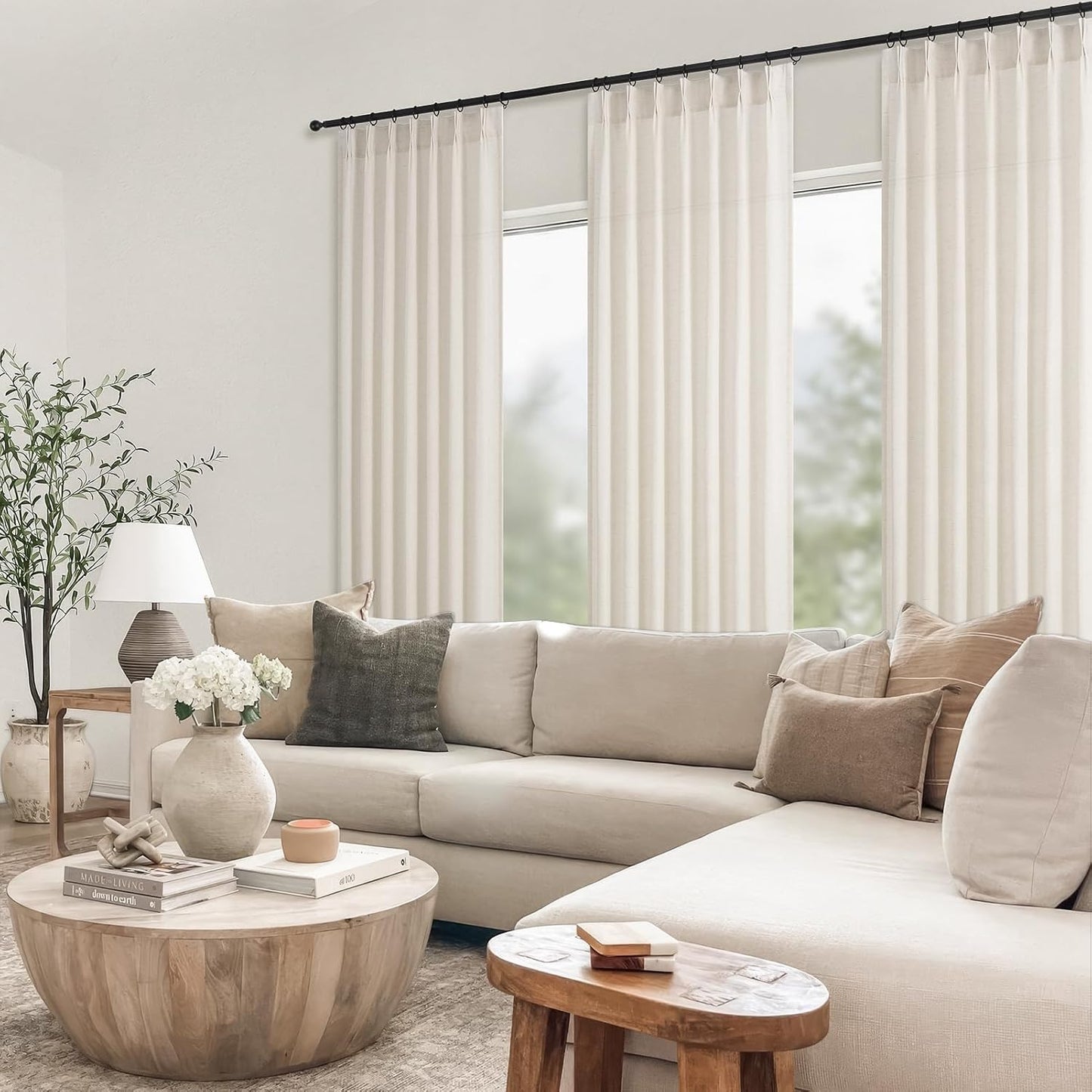 Wide Natural Linen Light Filtering Pinch Pleat Curtain, 1 Panel