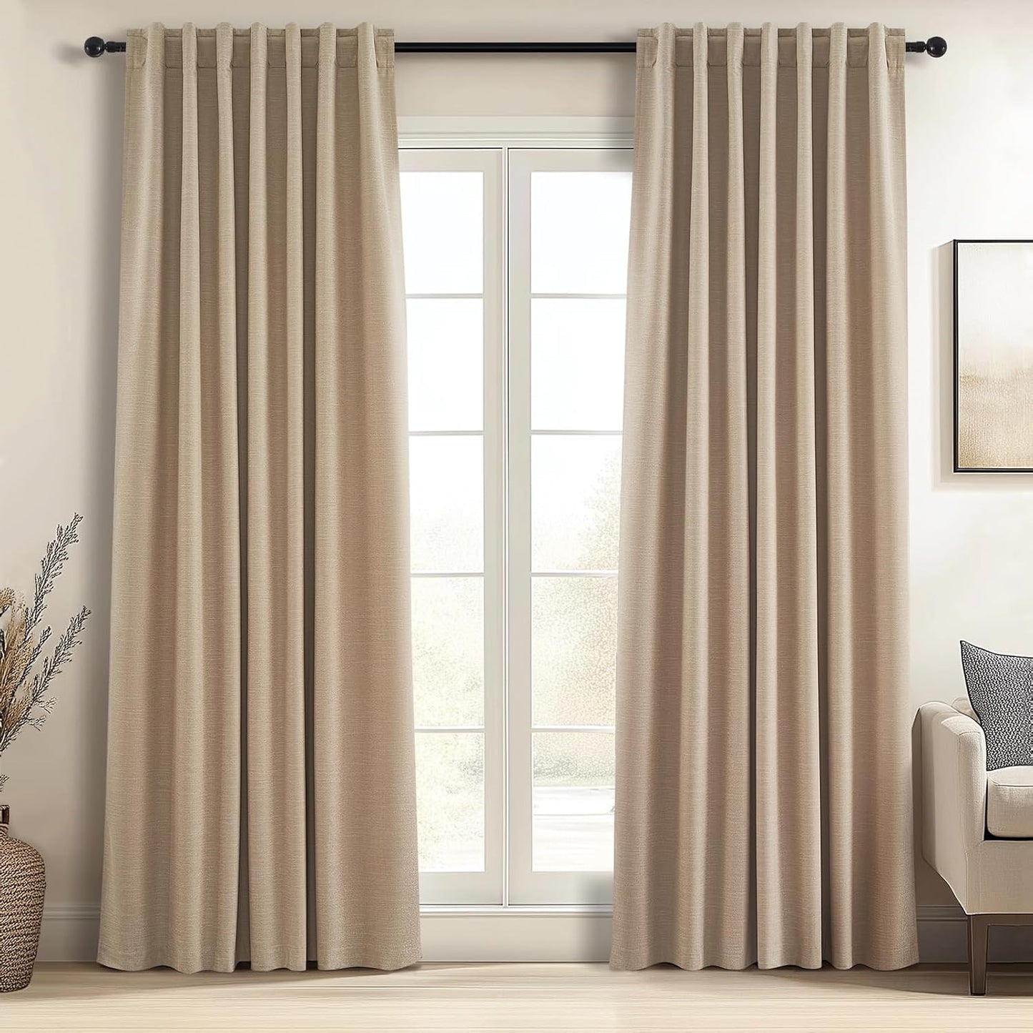 Neutral Linen Blend Blackout Curtains, 2 Panels
