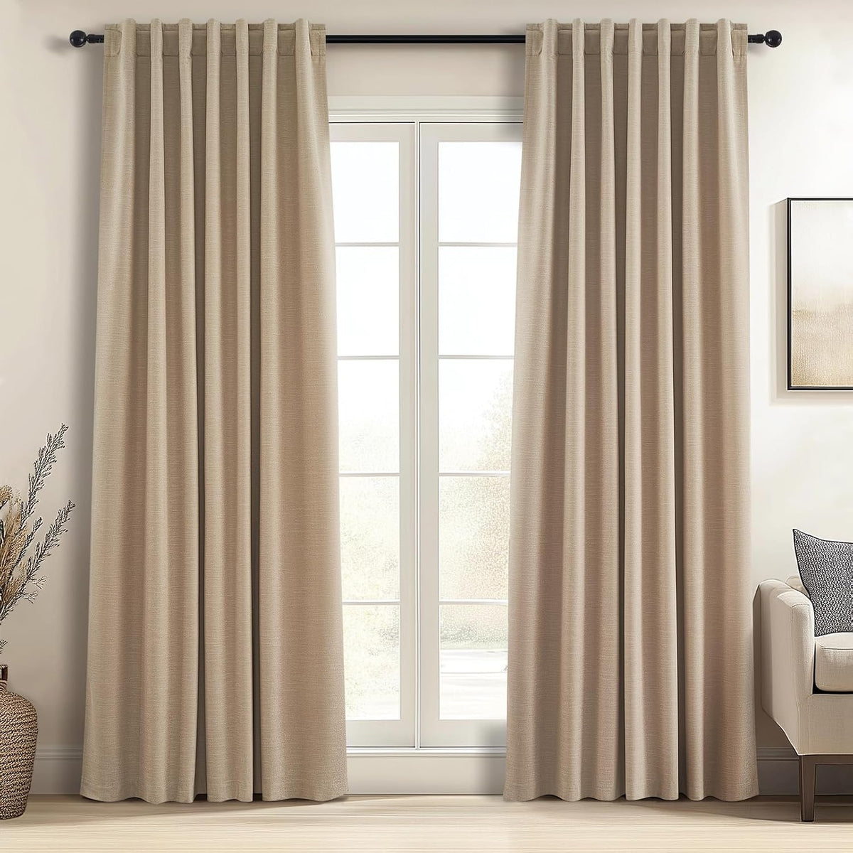 Neutral Linen Blend Blackout Curtains, 2 Panels