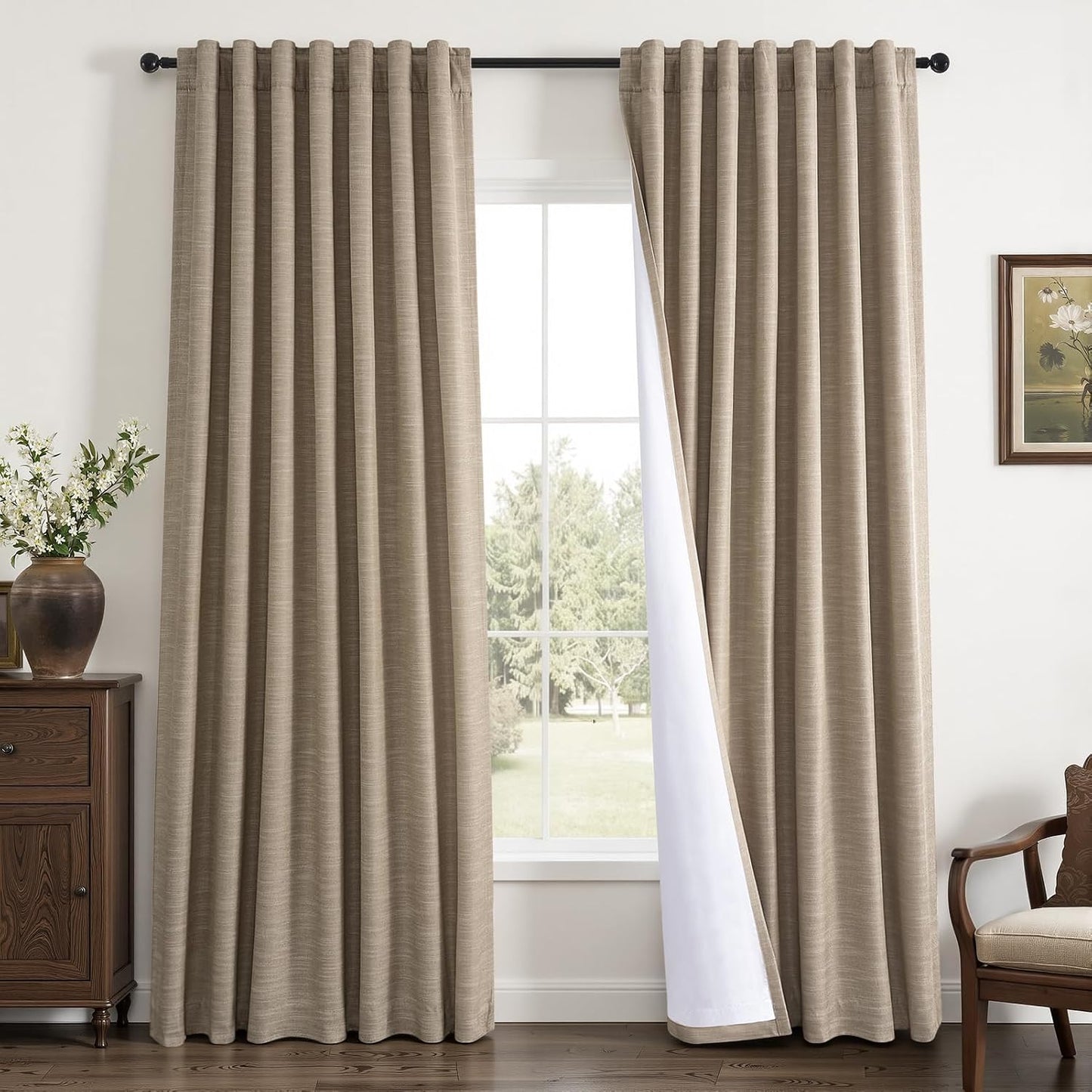 Natural Linen-Textured Blackout Curtains, 2 Panels
