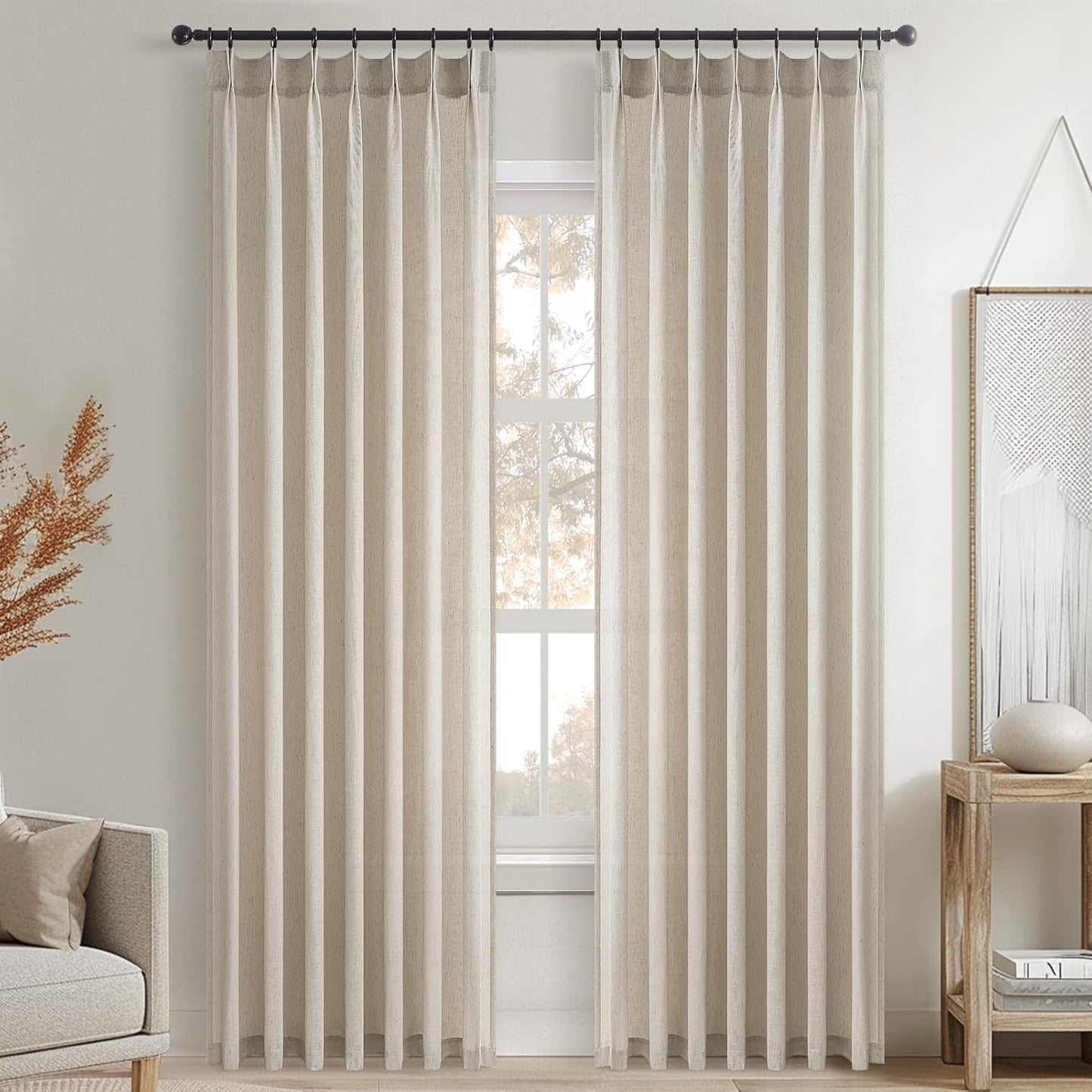 Natural Linen Light Filtering Pinch Pleat Curtain, 2 Panels