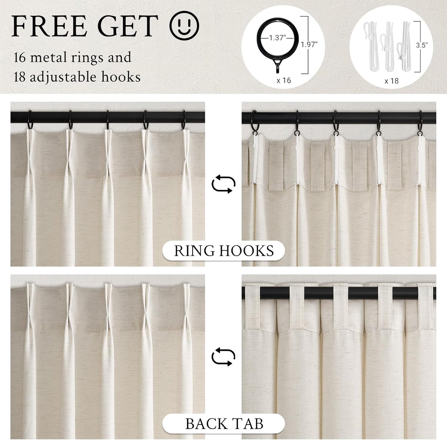 Wide Natural Linen Light Filtering Pinch Pleat Curtain, 1 Panel