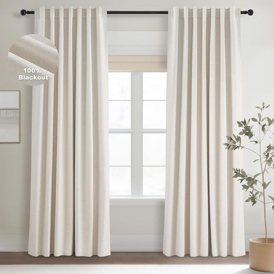 Extra Wide Neutral Linen Blend Blackout Curtains