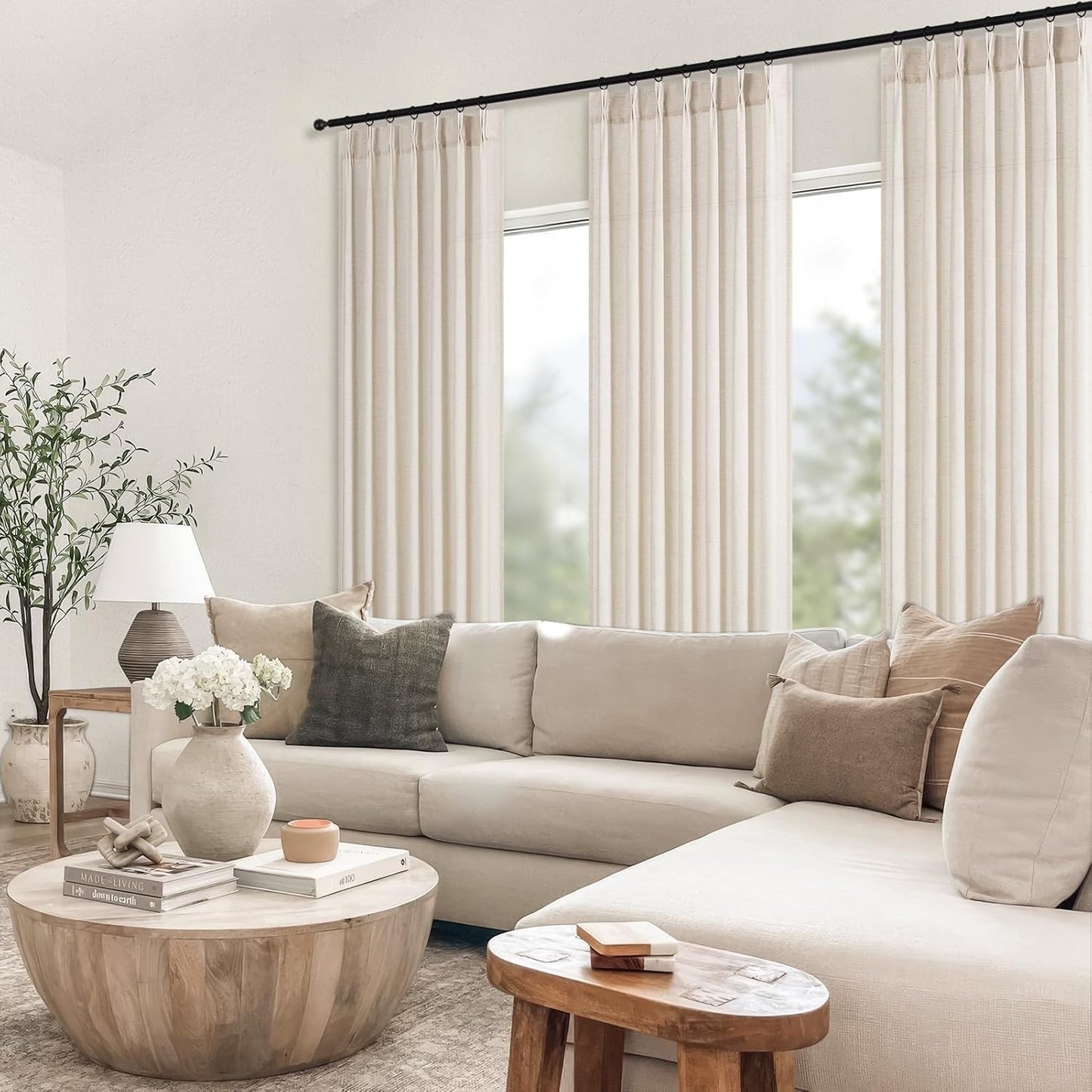 Wide Neutral Linen Light Filtering Pinch Pleat Curtains, 1 Panel