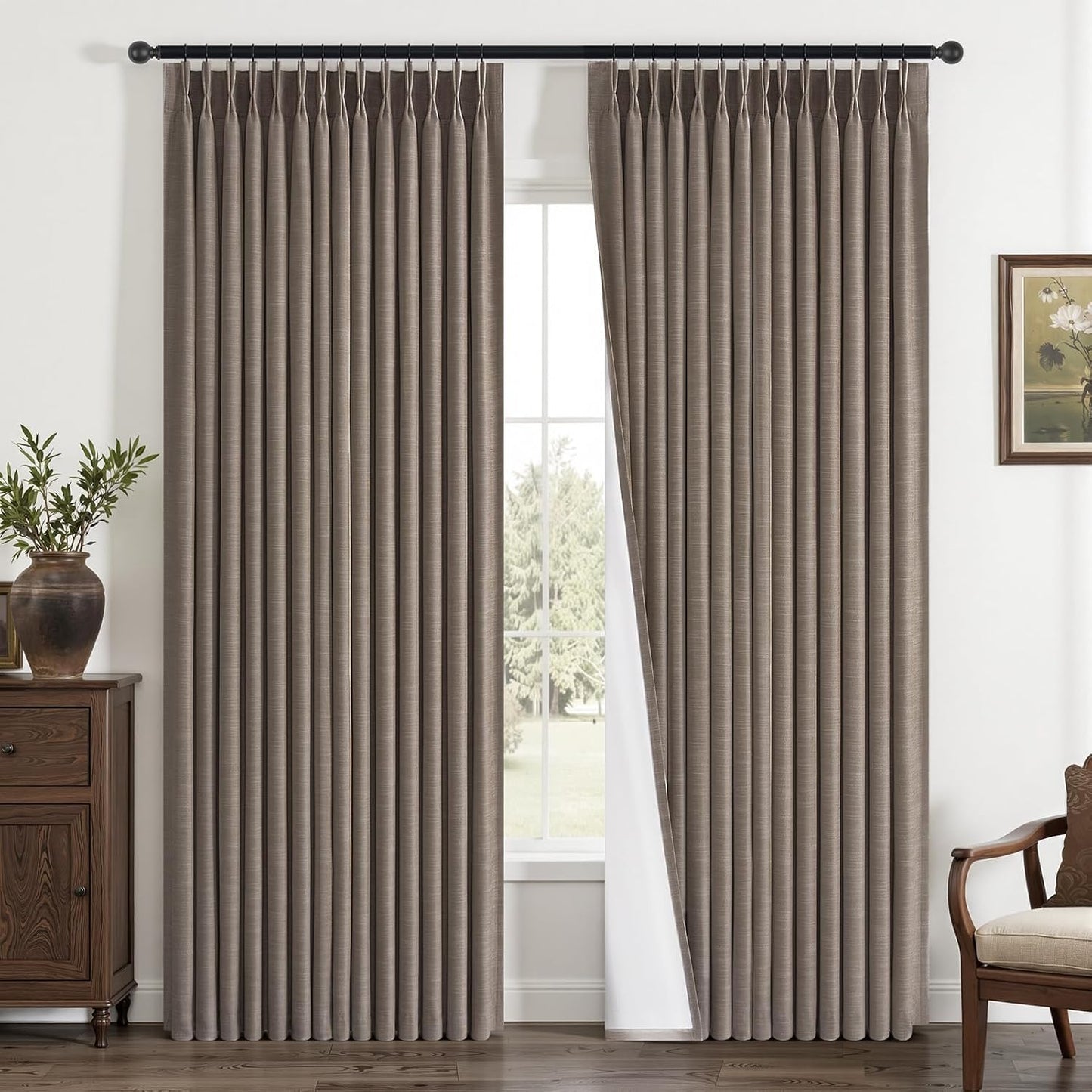 Neutral Linen-Textured Pinch Pleat Blackout Curtains, 2 Panels