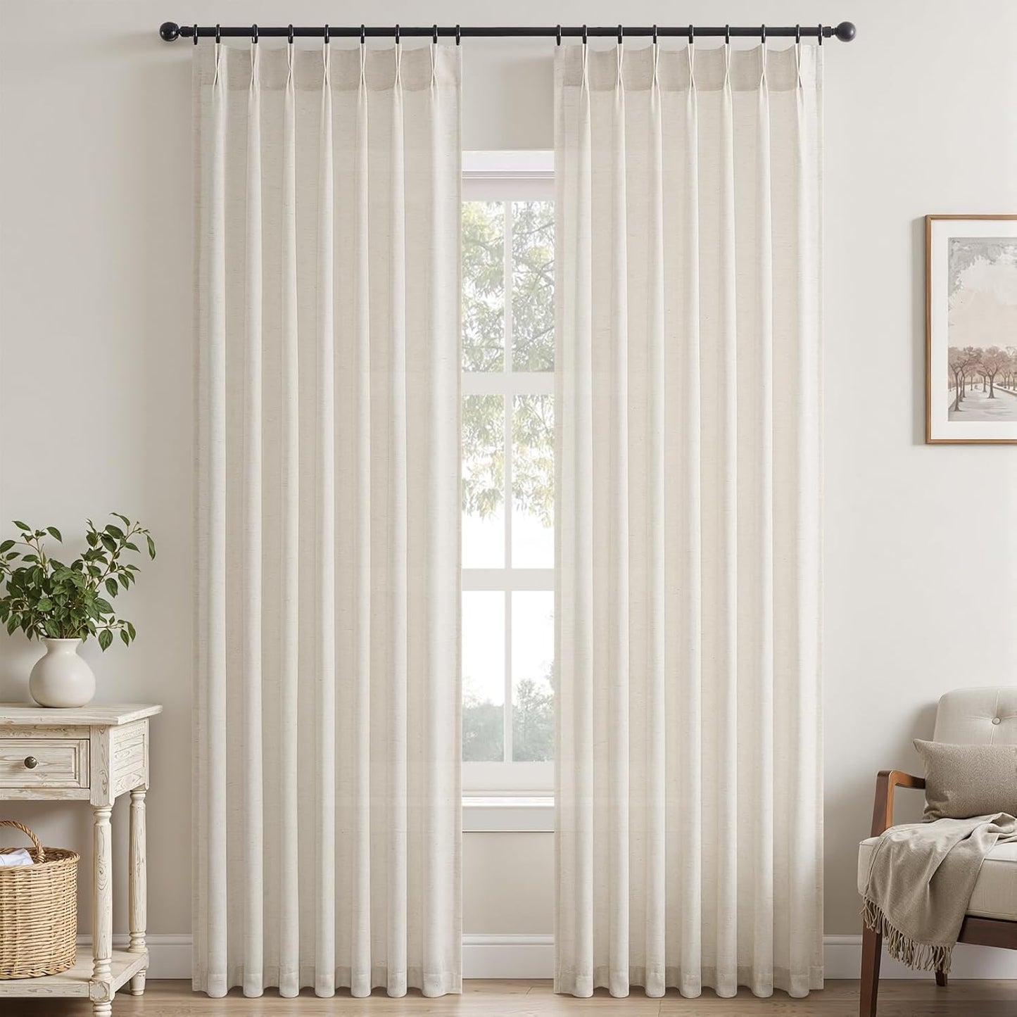 Wide Natural Linen Light Filtering Pinch Pleat Curtain, 1 Panel