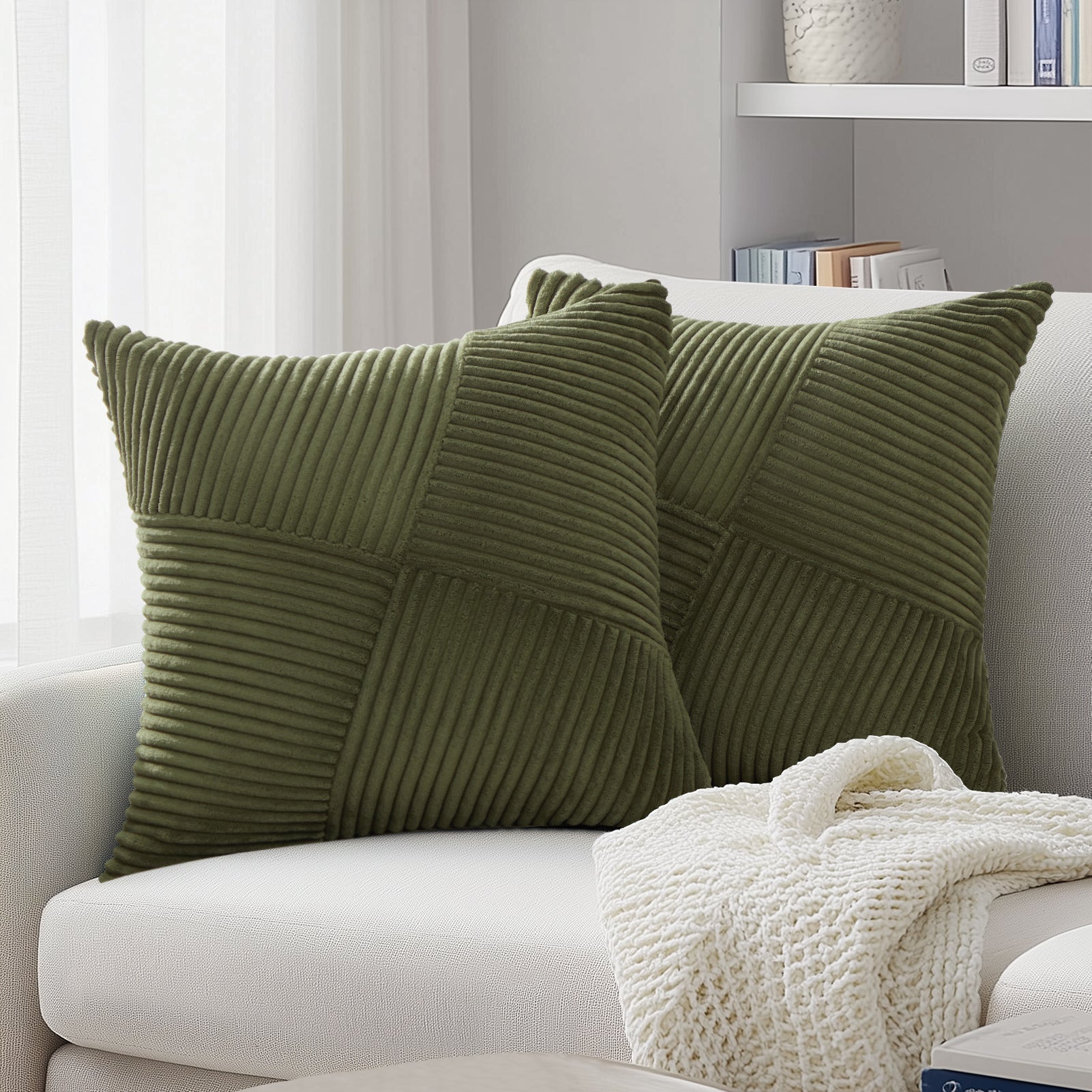 Soft Corduroy Couch Decorative Pillow Covers Windmill Textured Striped Cushion Cover,Set of 2