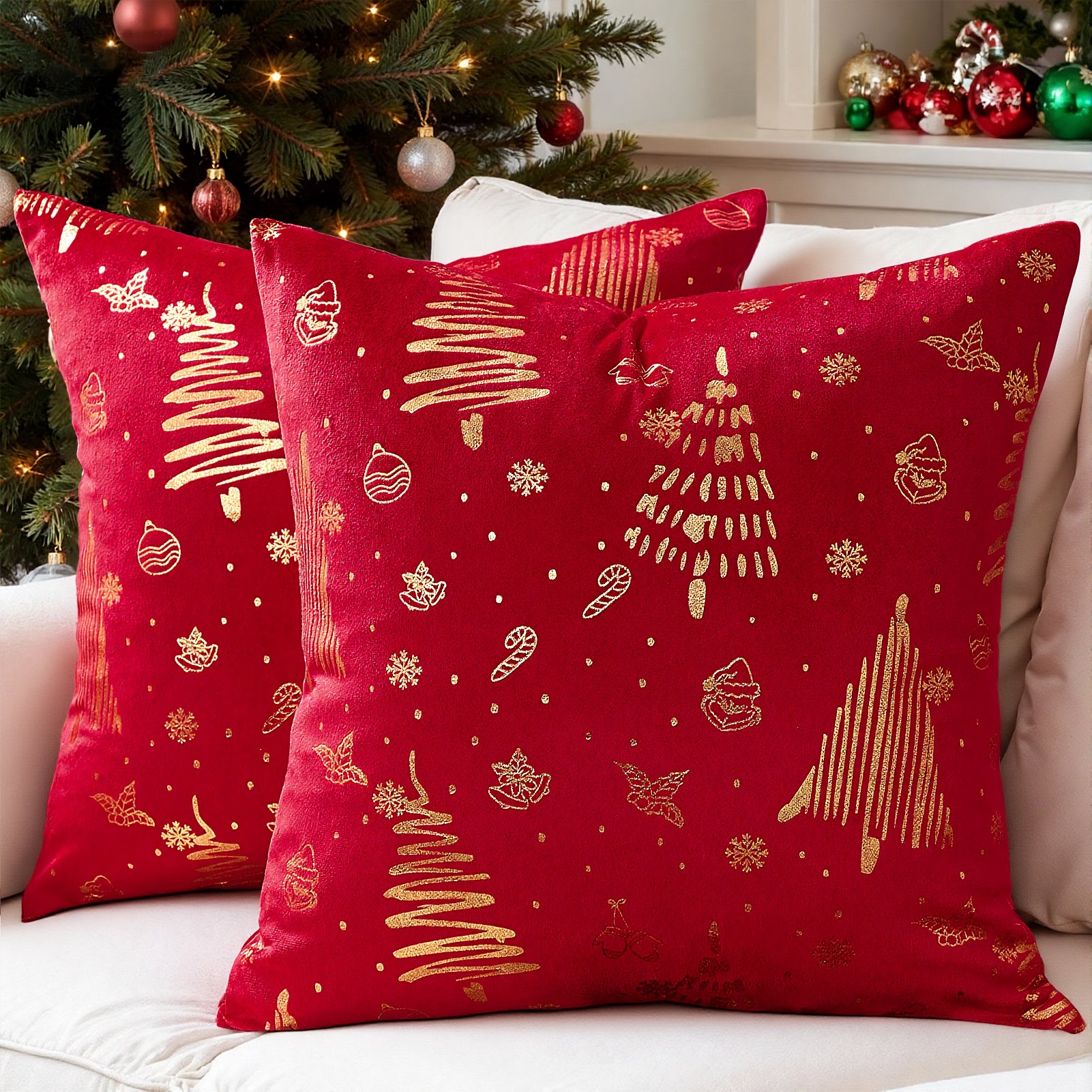 Christmas Velvet Pillow Covers Set of 2, Xmas Tree Gold Brozing Cushion Cases,Winter Holiday Home Decoration