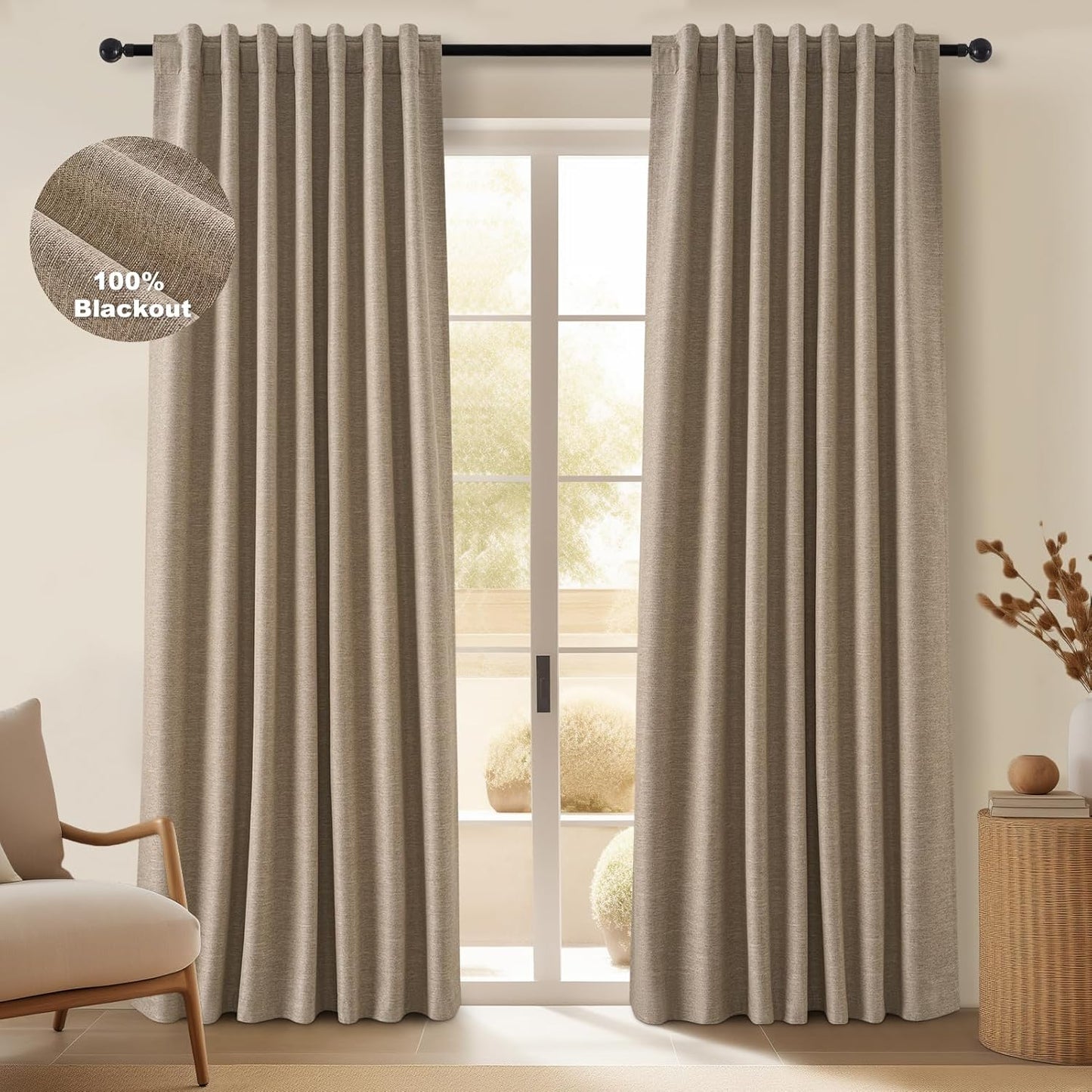 Neutral Linen Blend Blackout Curtains, 2 Panels