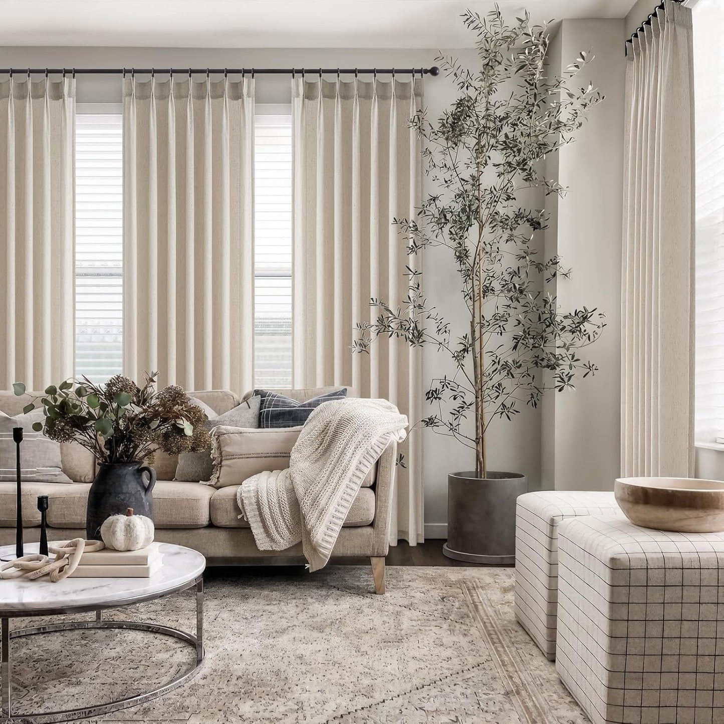 Natural Linen Light Filtering Pinch Pleat Curtain, 2 Panels