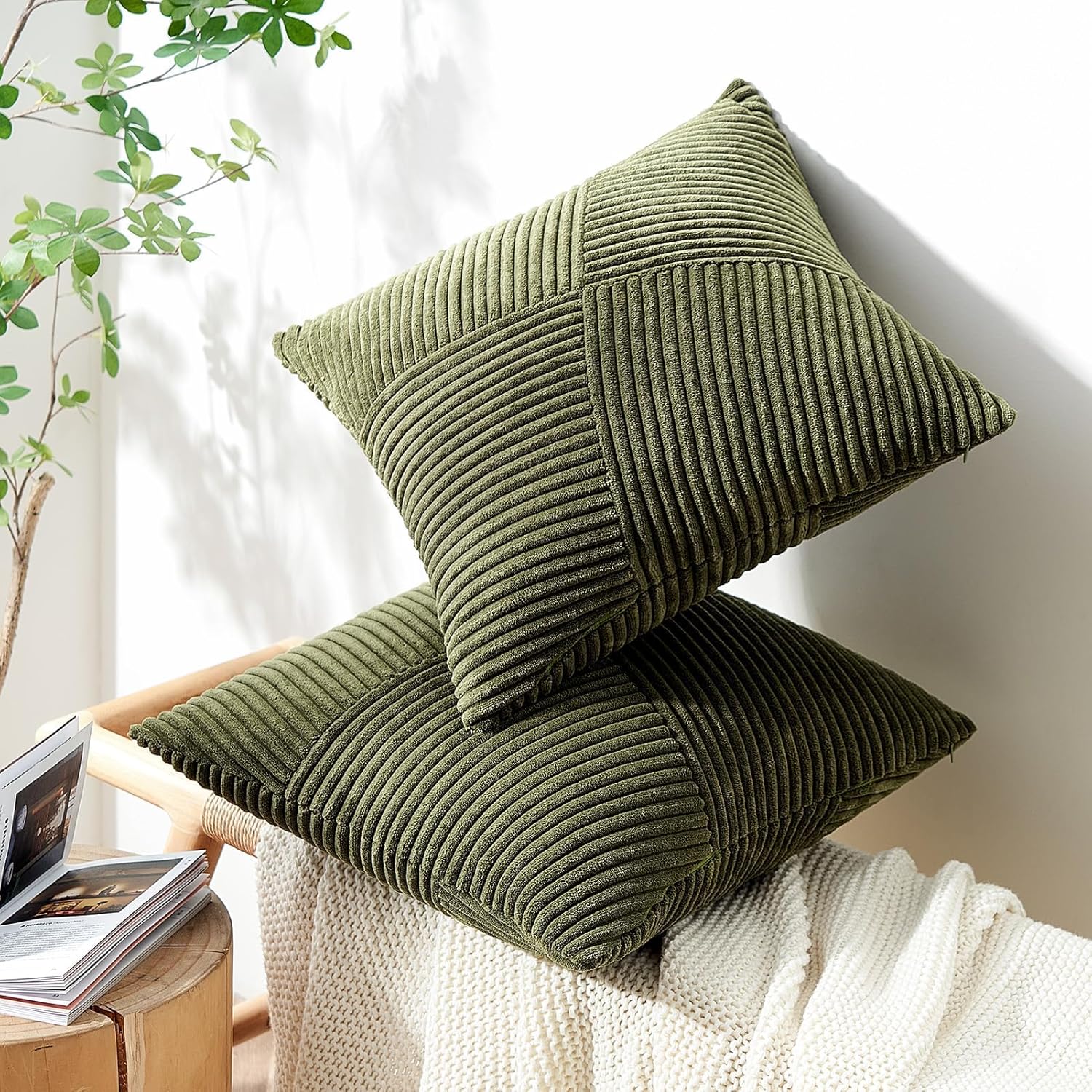 Soft Corduroy Couch Decorative Pillow Covers Windmill Textured Striped Cushion Cover,Set of 2