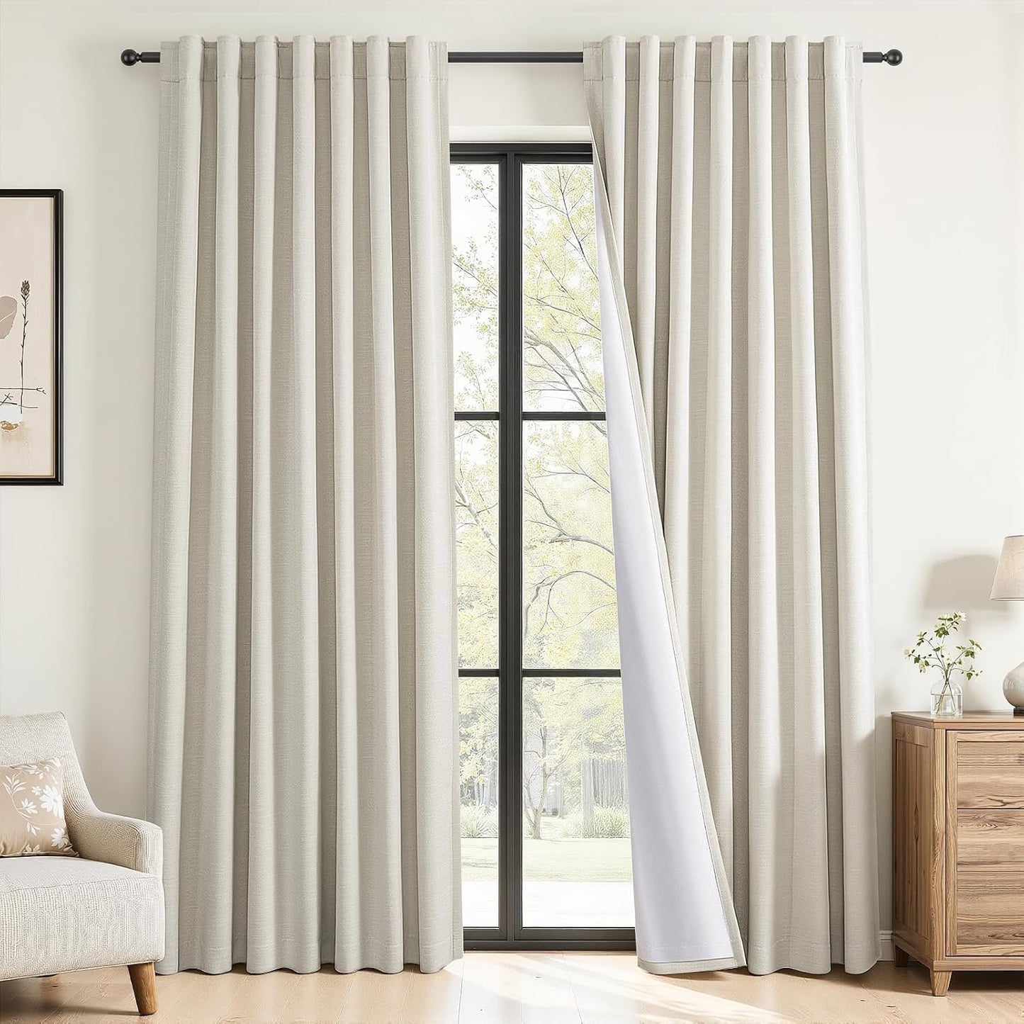 Wide Natural Linen-Textured Blackout Curtain, 1 Panel