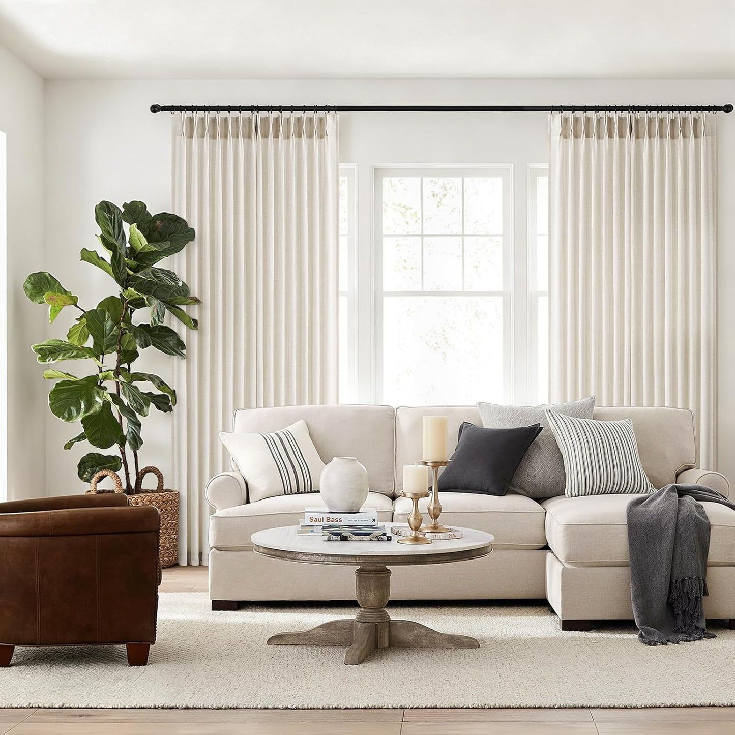 Wide Natural Linen Light Filtering Pinch Pleat Curtain, 1 Panel