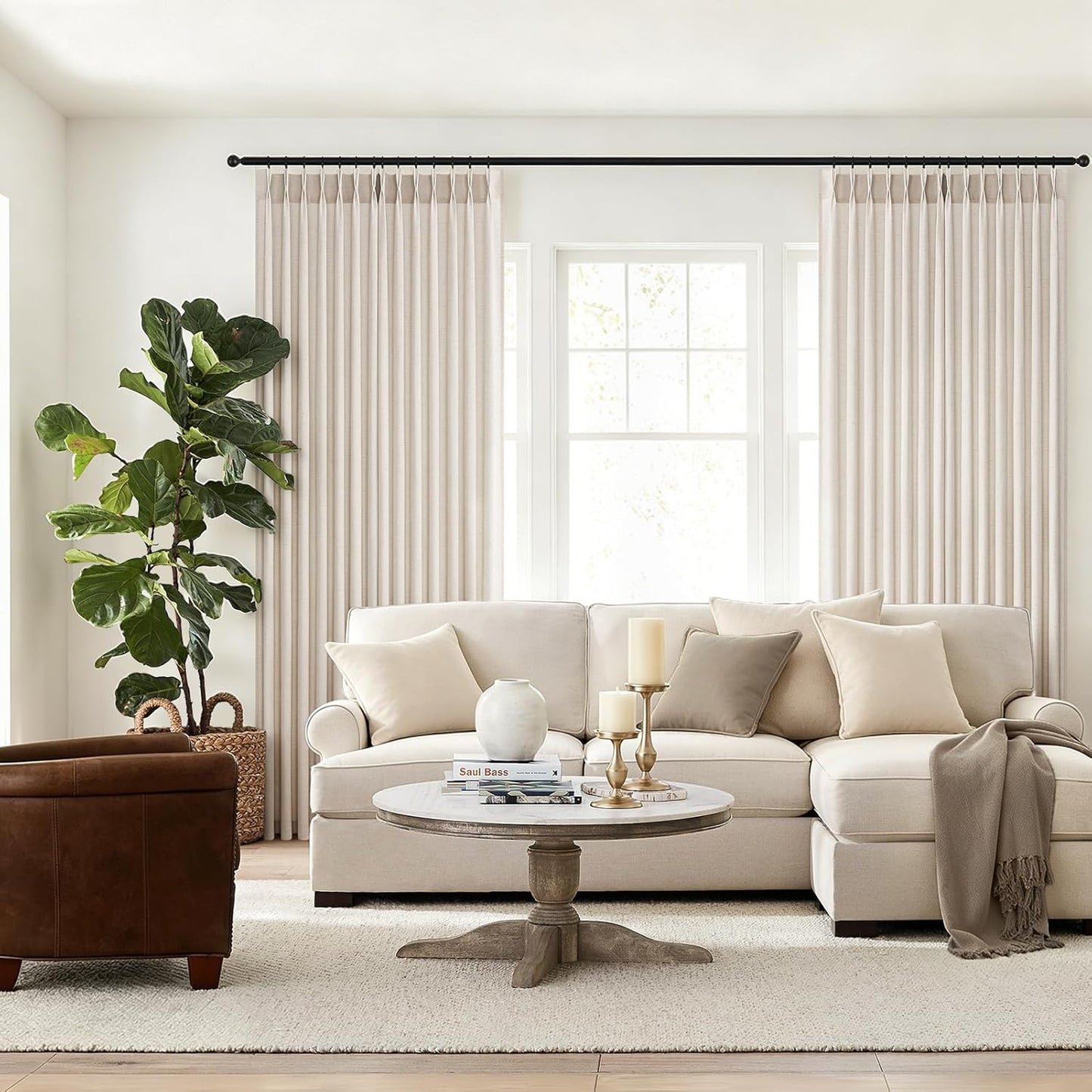Wide Neutral Linen Light Filtering Pinch Pleat Curtains, 1 Panel