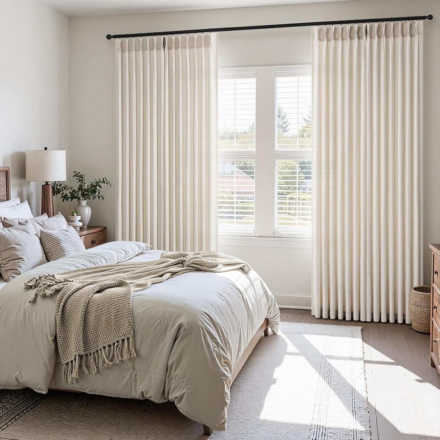 Wide Neutral Linen Light Filtering Pinch Pleat Curtains, 1 Panel